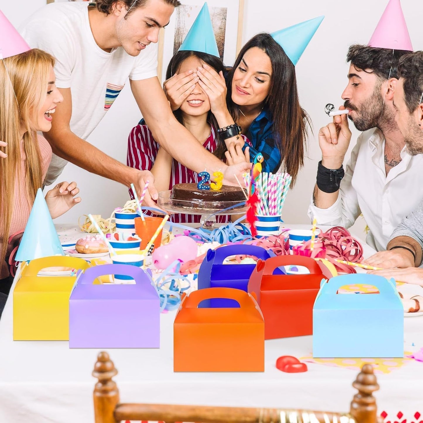 Rcybeo 30 PCS Gable Treat Boxes for Party, 10 Colors Candy Boxes Party Favor for Kids Birthday, Snack Goodie Candy Treat Boxes for Wedding Party Favors, Baby Shower, 6.3 x 3.5 x 3.5 In