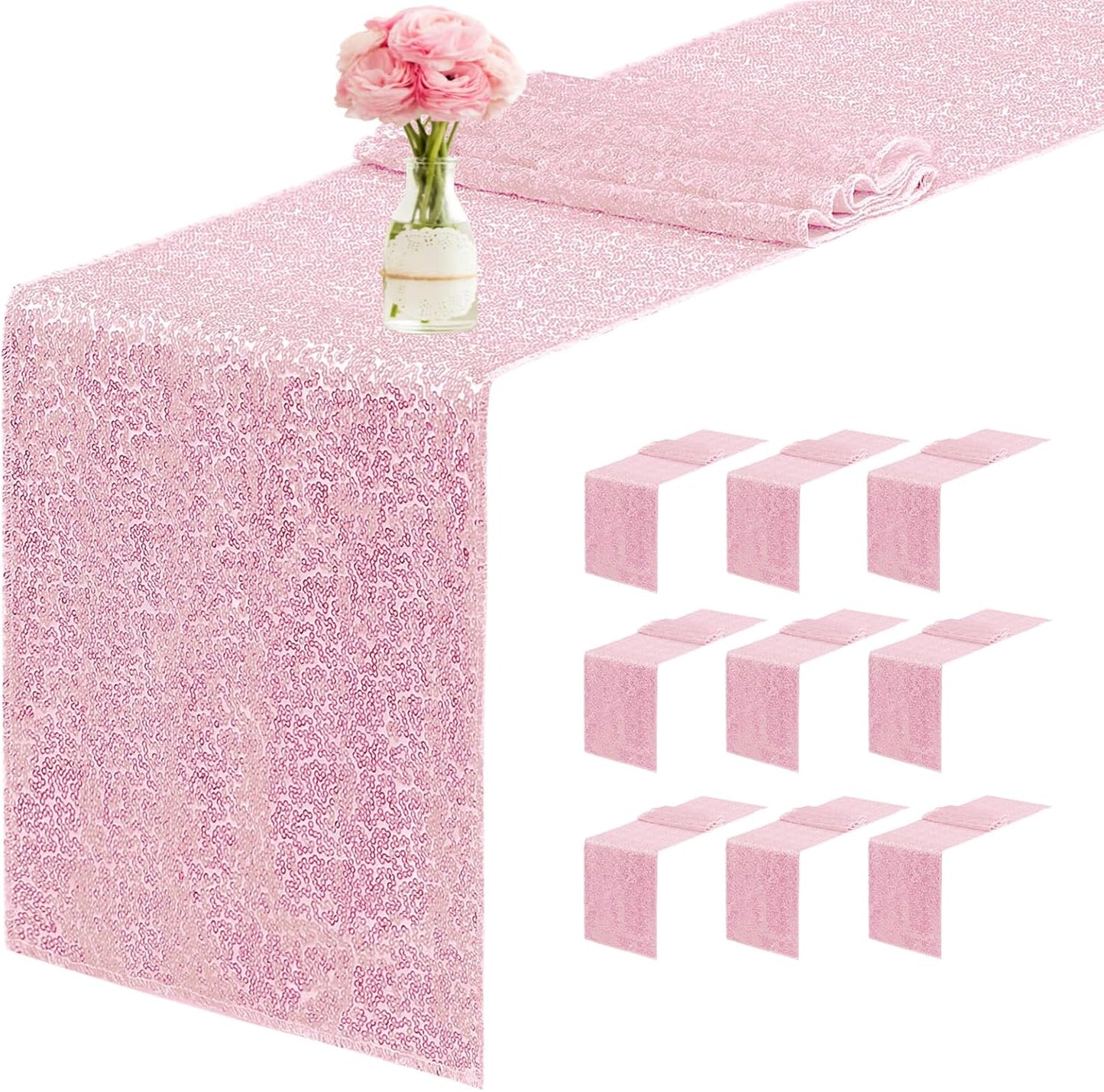 10 Packs 12 x 72 inches Sequin Table Runner, Pink Glitter Table Runner for Birthday Party Supplies Wedding Engagement Baby Shower Holiday Celebration Event Decorations