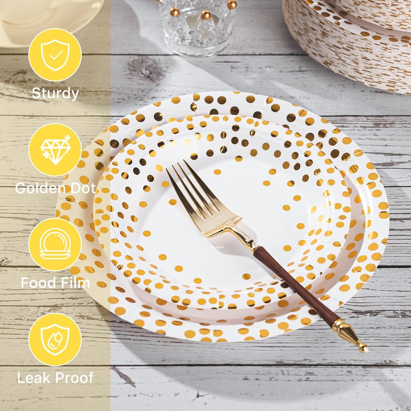Lullaby 200PCS White Paper Plates, Disposable White and Gold Paper Plates, 100pcs Dinner Plates 9", 100pcs Dessert Plates 7", Party Plates with Golden Dot for Birthday, Gathering
