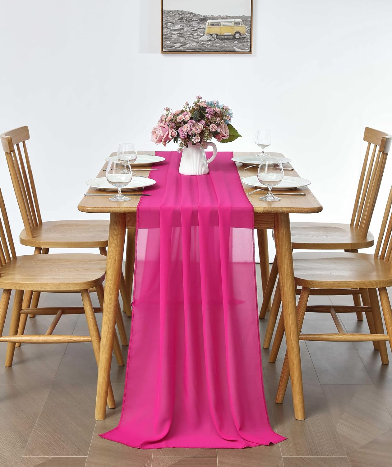5 Pack 10Ft Fuchsia Chiffon Table Runner Sheer 29x120 Inch for Romantic Wedding Decor Bridal & Baby Shower Birthday Rustic Party Decoration