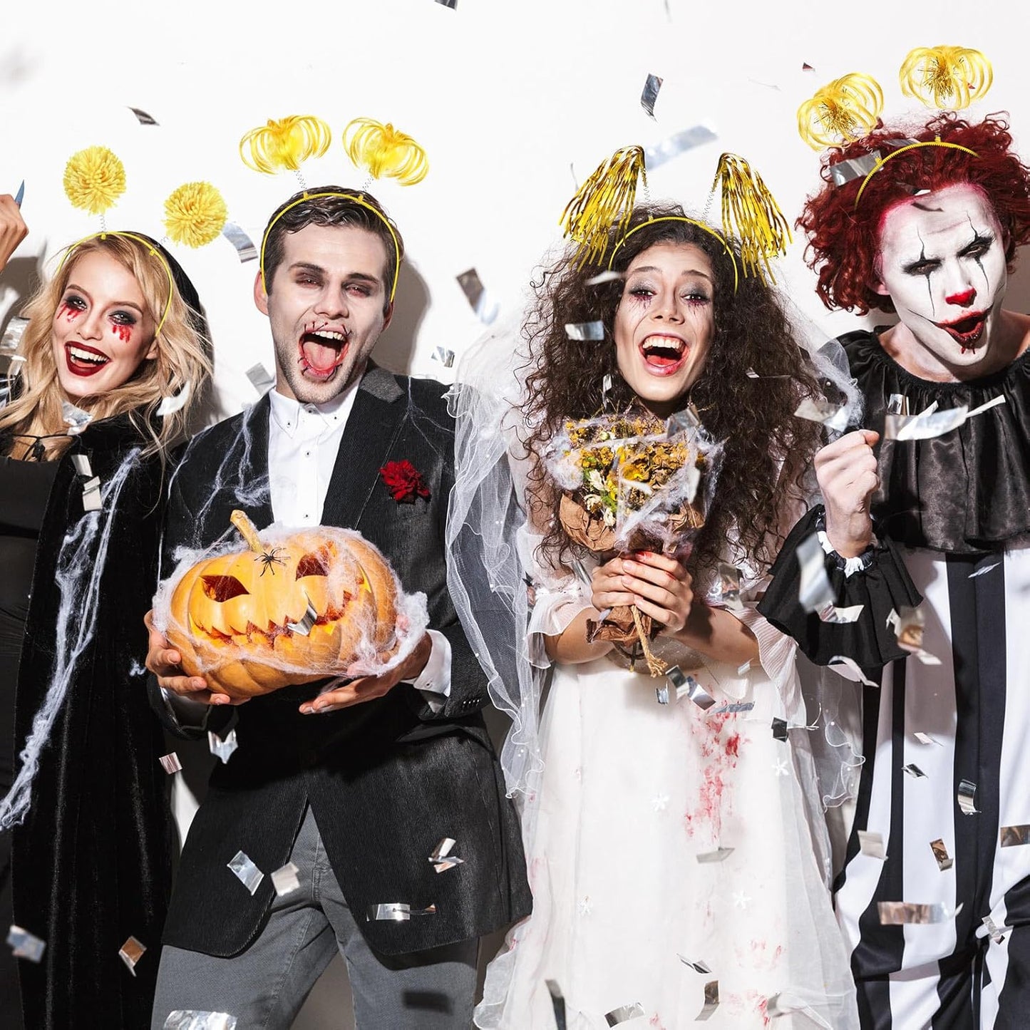 Censen 12 Pcs Halloween Pom Pom Party Headbands Tinsel Ponytails Spirit Head Bopper Headwear for Christmas Birthday Holiday