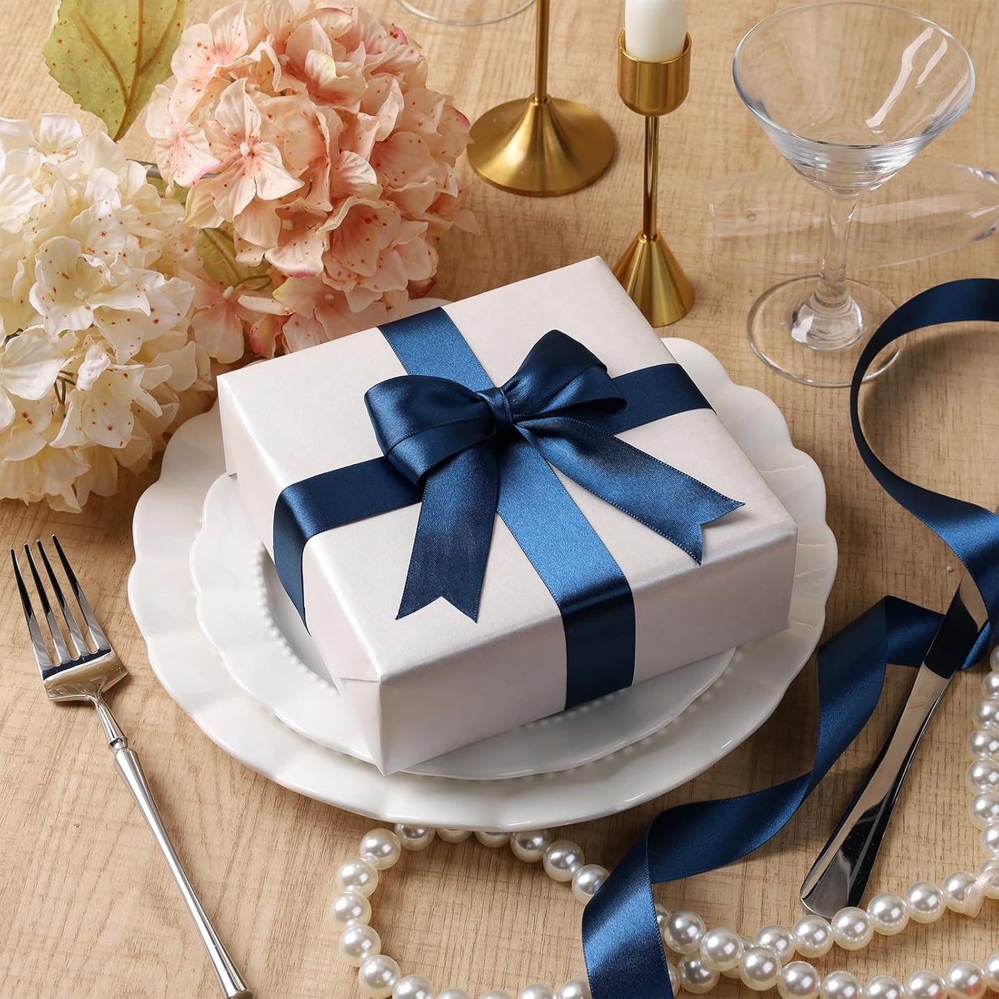 LaRibbons Navy Satin Ribbon 1 1/2 Inch 25 Yards Luxury Double Faced Blue Silk Ribbon for Flower Bouquet Crafts Gift Wrapping Wedding Party Graduation Decoration