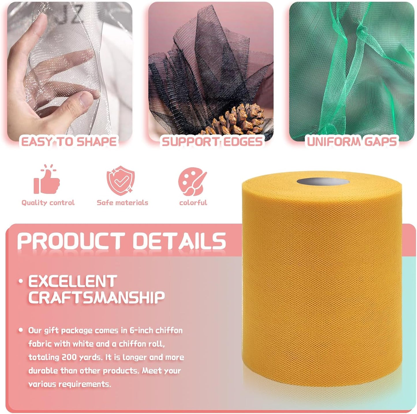 6" x 200 Yards Gold Tulle Fabric Rolls, Gold Spool Tulle Ribbon for DIY Tutu Skirt Wedding Decoration Baby Shower Birthday Party Backdrop Gift Wrapping Bow Craft Supplies