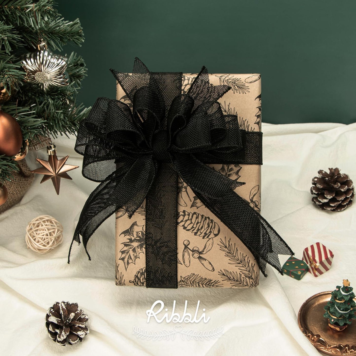 Ribbli Black Burlap Wired Ribbon, 1-1/2” Inch x Continuous 20 Yard, Black Wired Ribbon for Wreaths,Big Bows,Tree Decoration,Outdoor Decoration