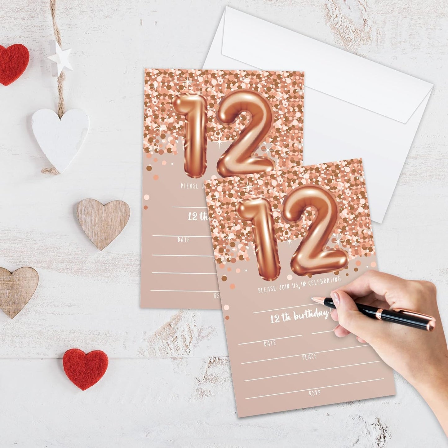 12th Birthday Invitation Cards, Rose Gold Glitter 12th Birthday Party Invites, Kids Happy Birthday Party Decorations Supplies, 20 Fill-in Cards with Envelopes for Boys or Girls Party Celebration - C04