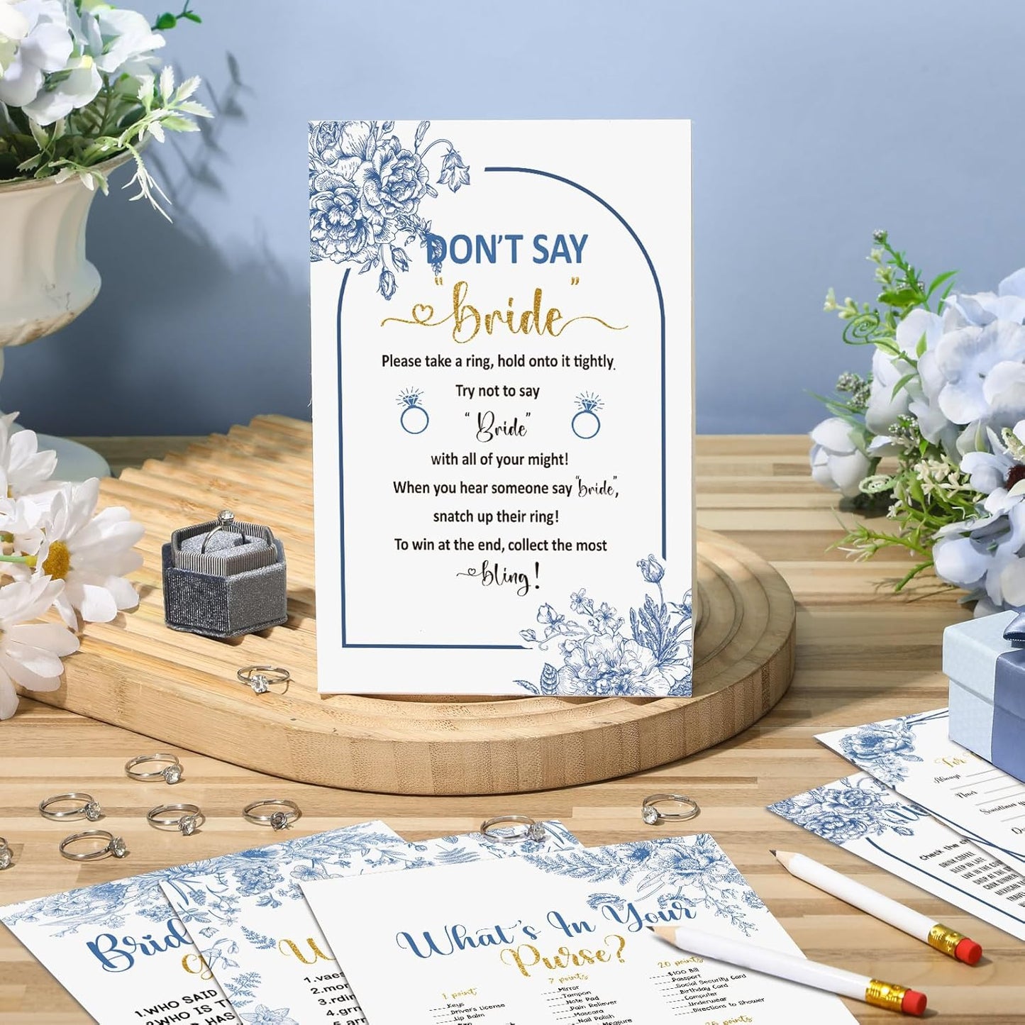 Estune 331 Pcs Bridal Shower Games Supplies, 5 Sets 250 Pcs Wedding Games Cards, 60 Pcs Rings, 20 Pcs Pencils (Blue Floral Style)
