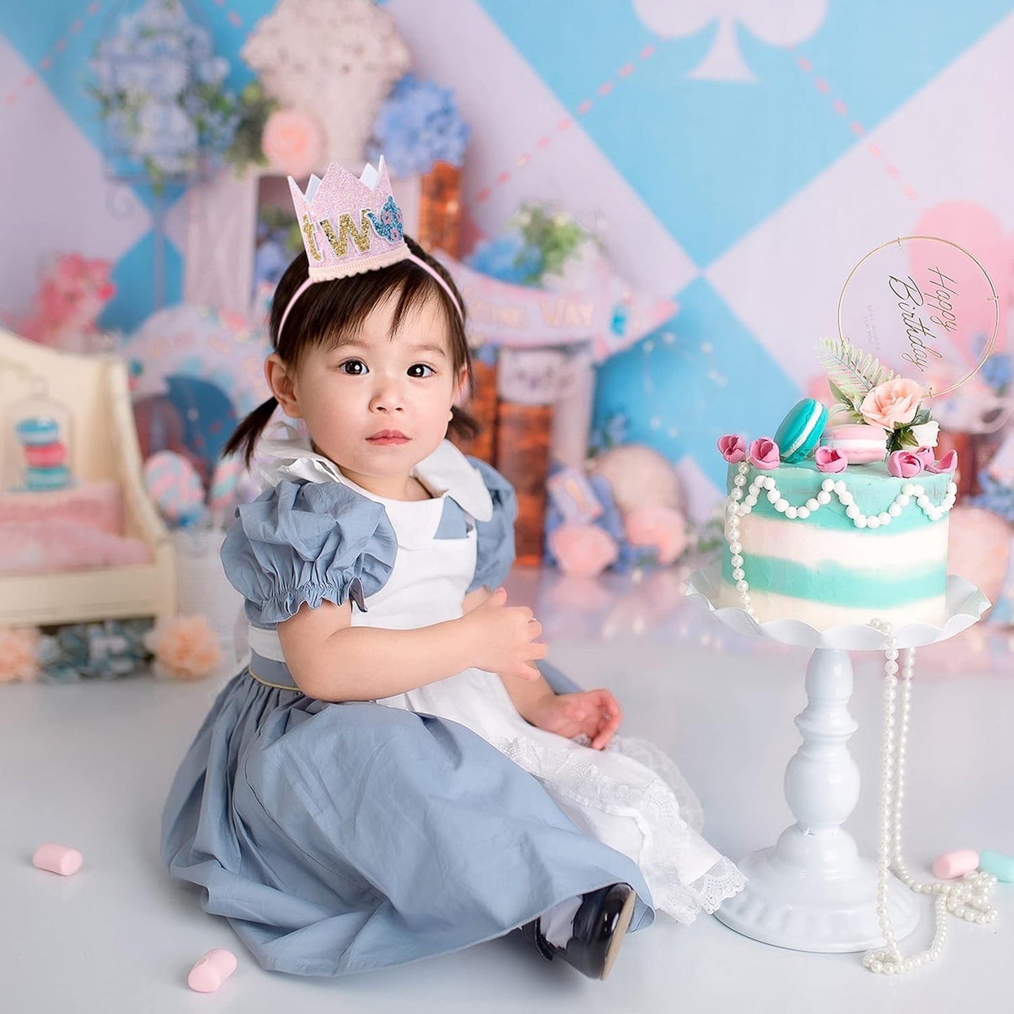 WAUAO Alice in Wonderland Tea Party Decorations - Birthday Crown/Hat, Girl's 2nd Birthday Pink Outfit