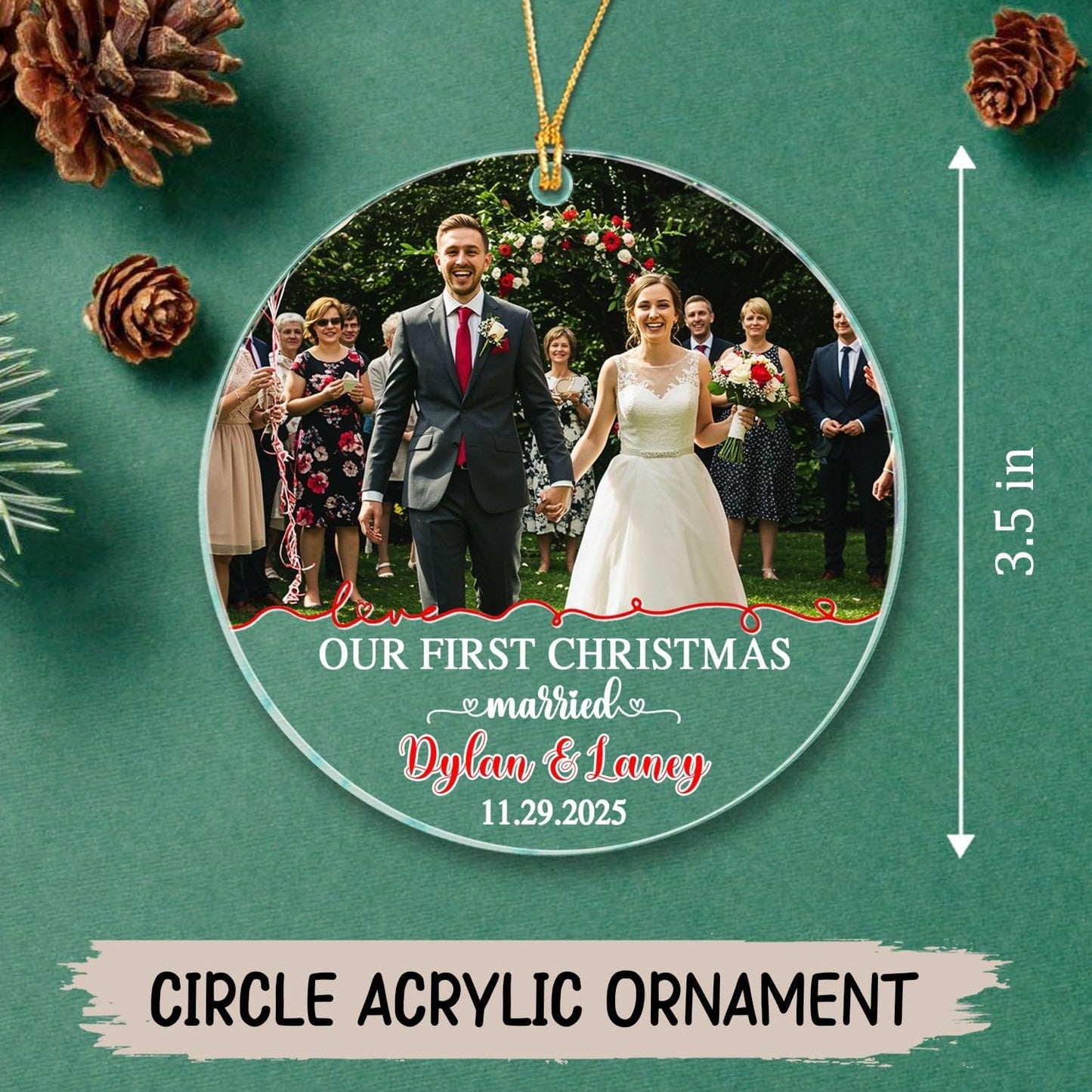 Customized Our First Christmas Married Ornament, Personalized Date/Names & Photo Just Married Ornaments Gift for Marriage Anniversary, Add Picture Couple Together Christmas Ornament for Newlyweds