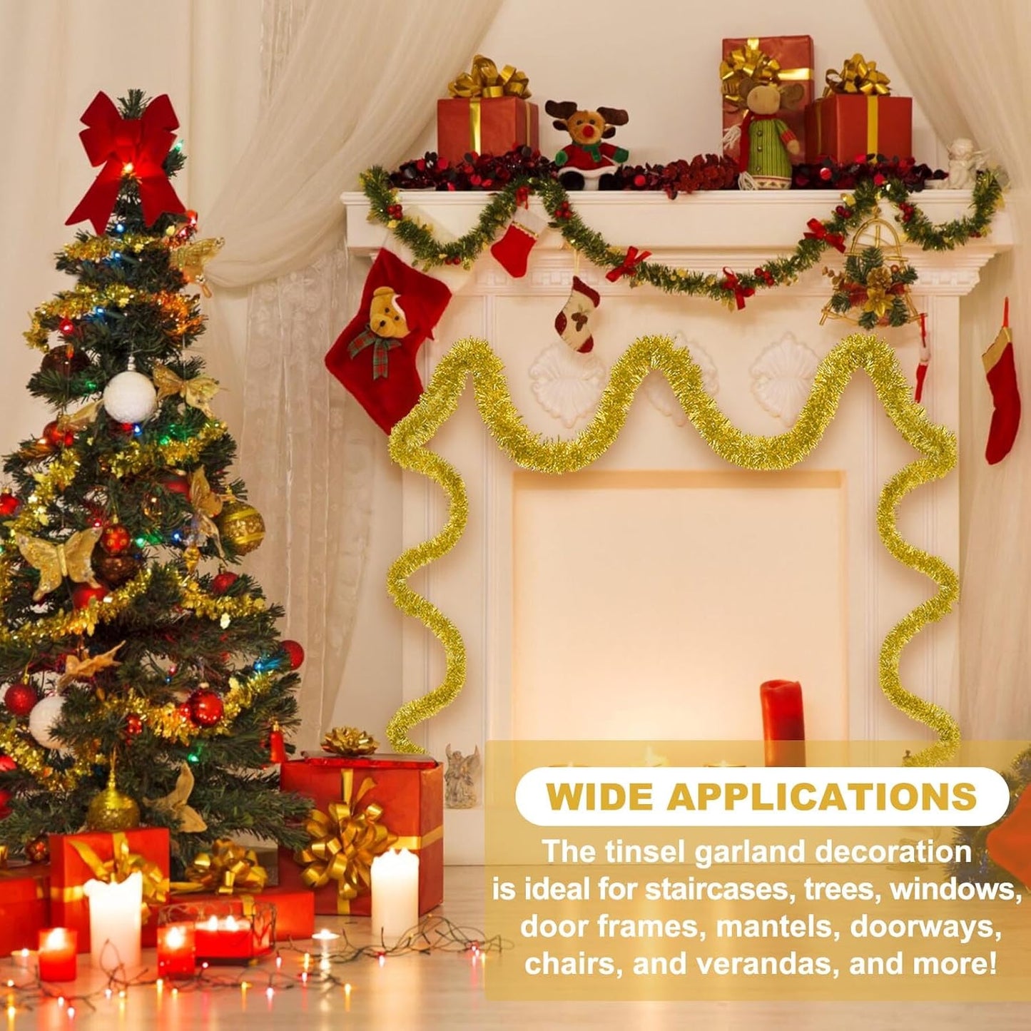 50 Feet Gold Christmas Tinsel Garland, Metallic Foil Twist Banner Wall Hanging Tinsel Streamers Backdrop for Parade Floats, Christmas, Mother's Day, Birthday Party Decorations(2in x 50ft)