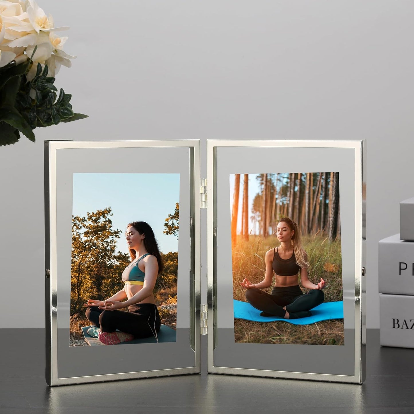 7x9'' Silver' Double Floating Frame For Photo Sizes (4x 6''5x7'',6x8''),Adjustable Tabletop/Shelf Photo Frame,Gift for Wedding,Birthady, Home or Office Decor.