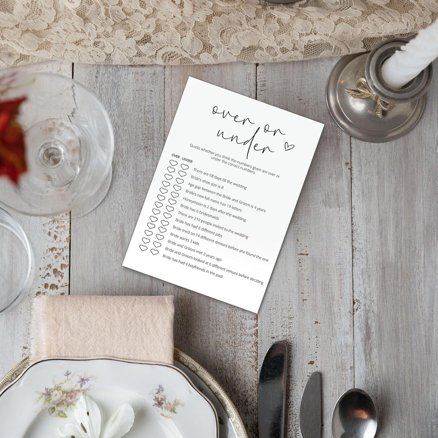 Bridal Shower Games, Over or Under, 25Pcs Minimalist White Double-Sided Bridal Game Cards, Wedding Shower Games for Guests, Engagement Bachelorette Party Supplies - A10