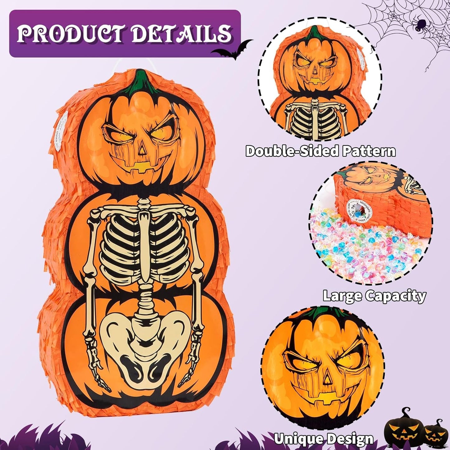 WERNNSAI Halloween Skull Piñata - Pumpkin Skull Pinata Halloween Wicked Pumpkin Party Pinata Games for Kids Weird Theme Party Jack o Lanterns Decorations with Bat Blindfold