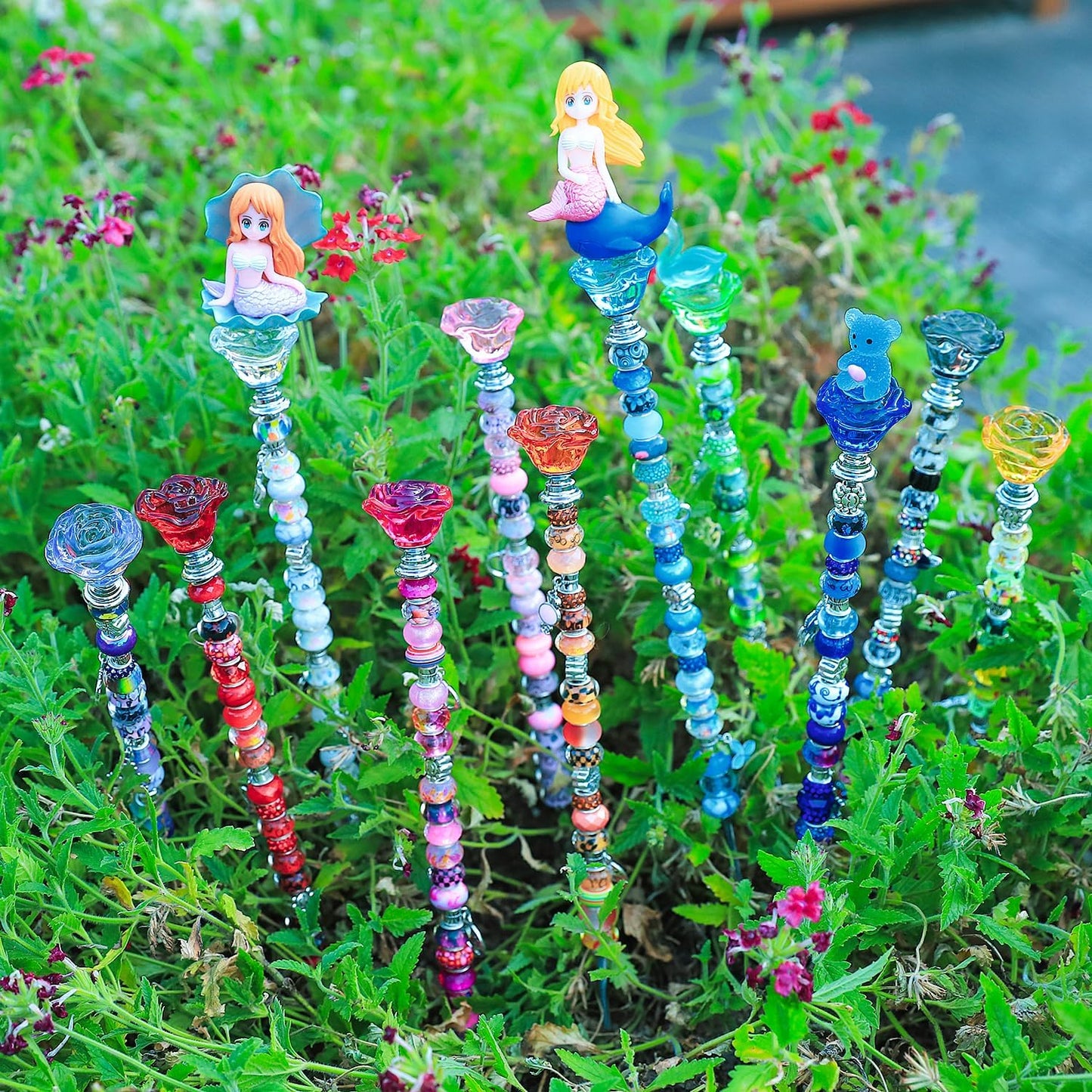 AIPRIDY 238 Pcs DIY Fairy Wand Garden Stakes Kit,Multiple Color Scheme European Beads Crystal Diamond Tops and 12 or 10 Inch Threaded Rods,Stainless Steel Stakes with Diamond Toppe (Rose Flower)