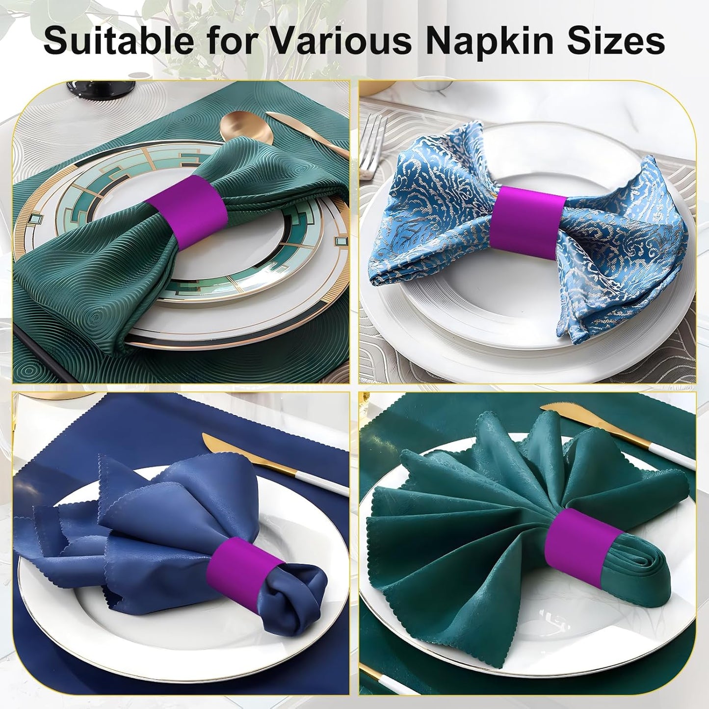 Polymer Material Reusable Napkin Band, Glue-Free Tear-Proof Water Resistant Oil-Proof Napkin Bands Set of 50(Front Purple Color and Back White), 6 Adjustable Sizes Napkin Rings