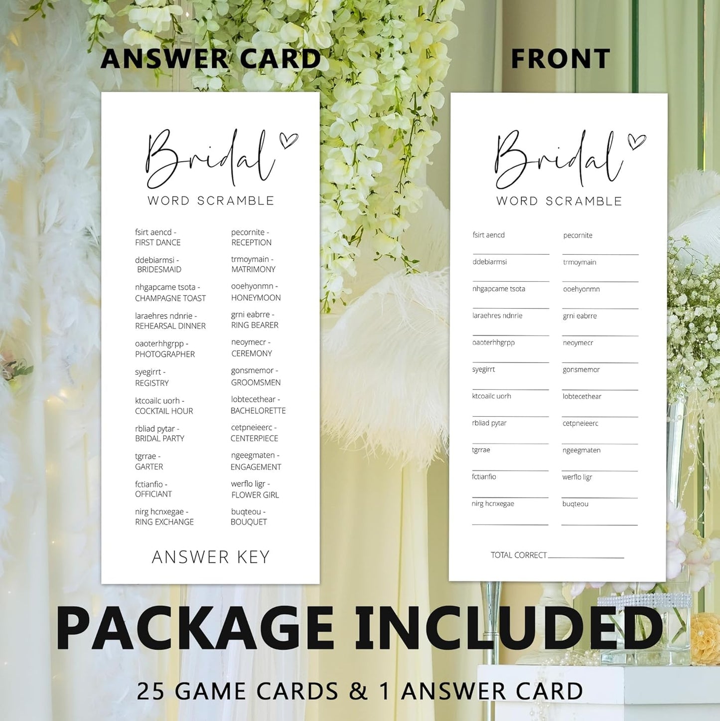 Bridal Shower Games, Word Scramble, 25Pcs 4x9inch Minimalist White Double-Sided Bridal Game Cards with 1 Answer Key, Wedding Shower Games for Guests, Engagement Bachelorette Party Supplies - A01