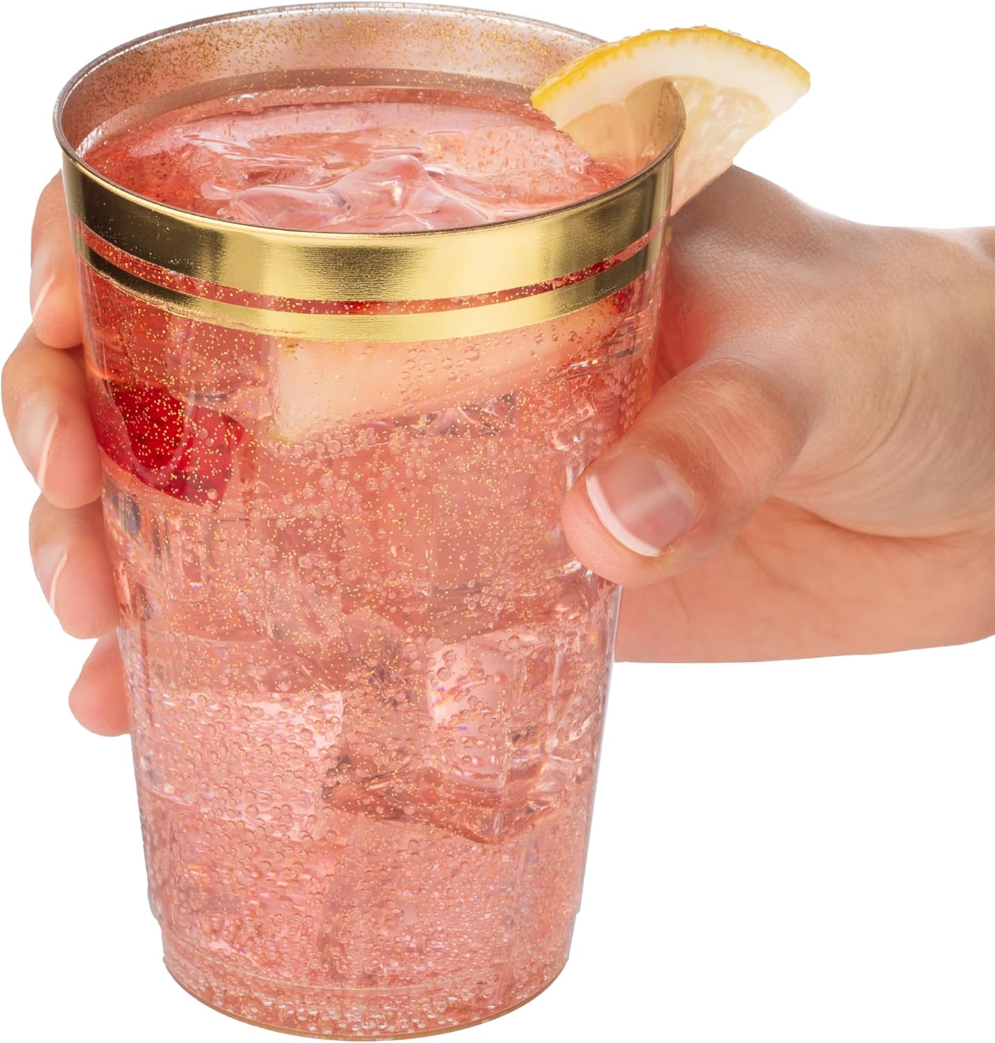 Perfect Settings 100 Premium 14oz Hard Plastic Cups Clear Glitter Gold Plastic Double Line Rimmed Cups Fancy Disposable Wedding Cups Elegant Party Cups with Twin Colored Rim (Glitter Gold Rim, 14)