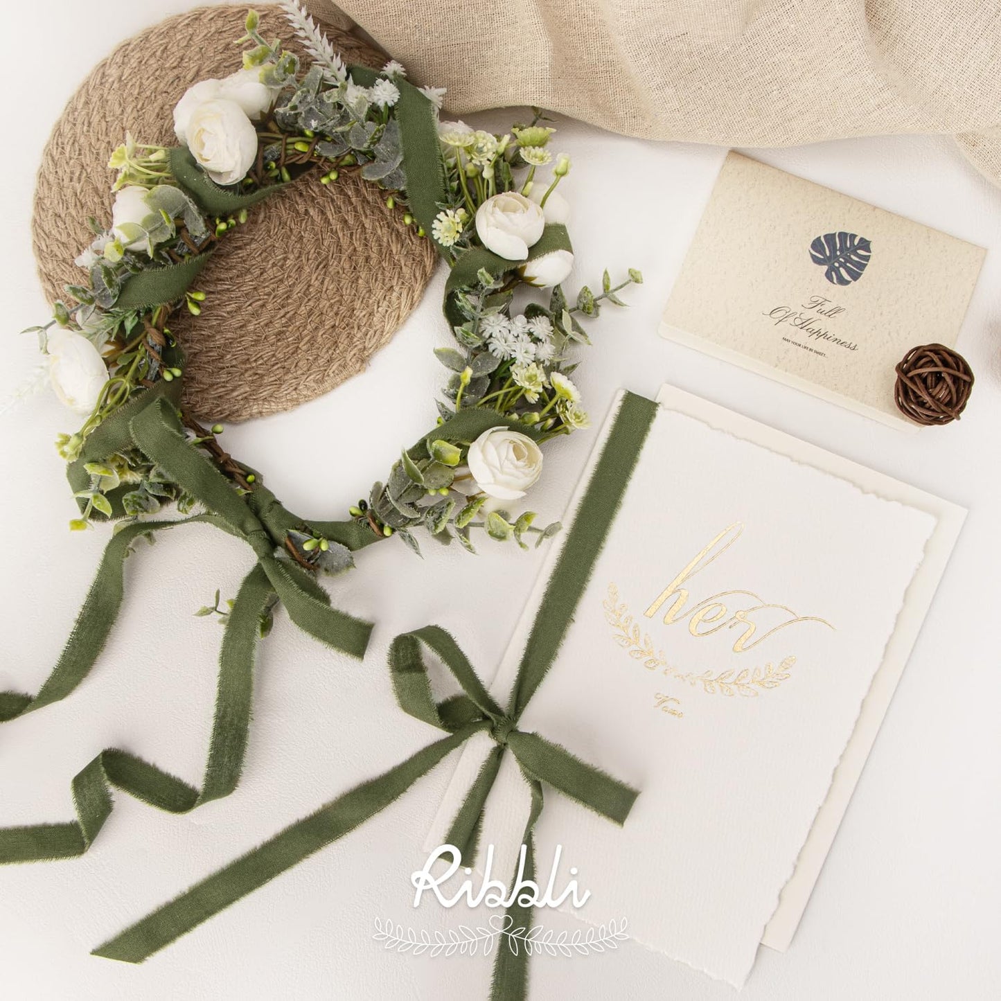 Ribbli 3 Rolls Green Ribbon 5/8 Inch x 18Yards Ivory Sage Moss Handmade Cotton Frayed Fringe Ribbons for Gift Wrapping Wedding Invites Bridal Bouquets Baby Shower DIY Crafts Home Decor