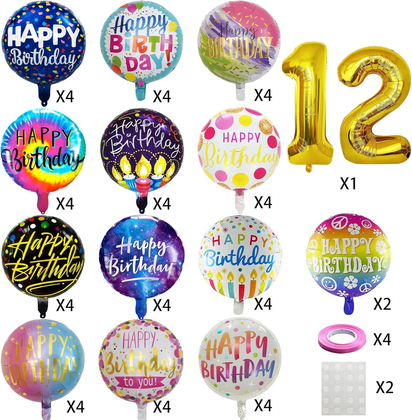 50 Pcs Happy Birthday Party Aluminum Foil Balloons and 12th Birthday Balloons, 18 Inch Round Aluminum Foil Balloon with" Happy Birthday" Sign, Birthday Party Decorations for Boys/Girls (Yellow, 12)