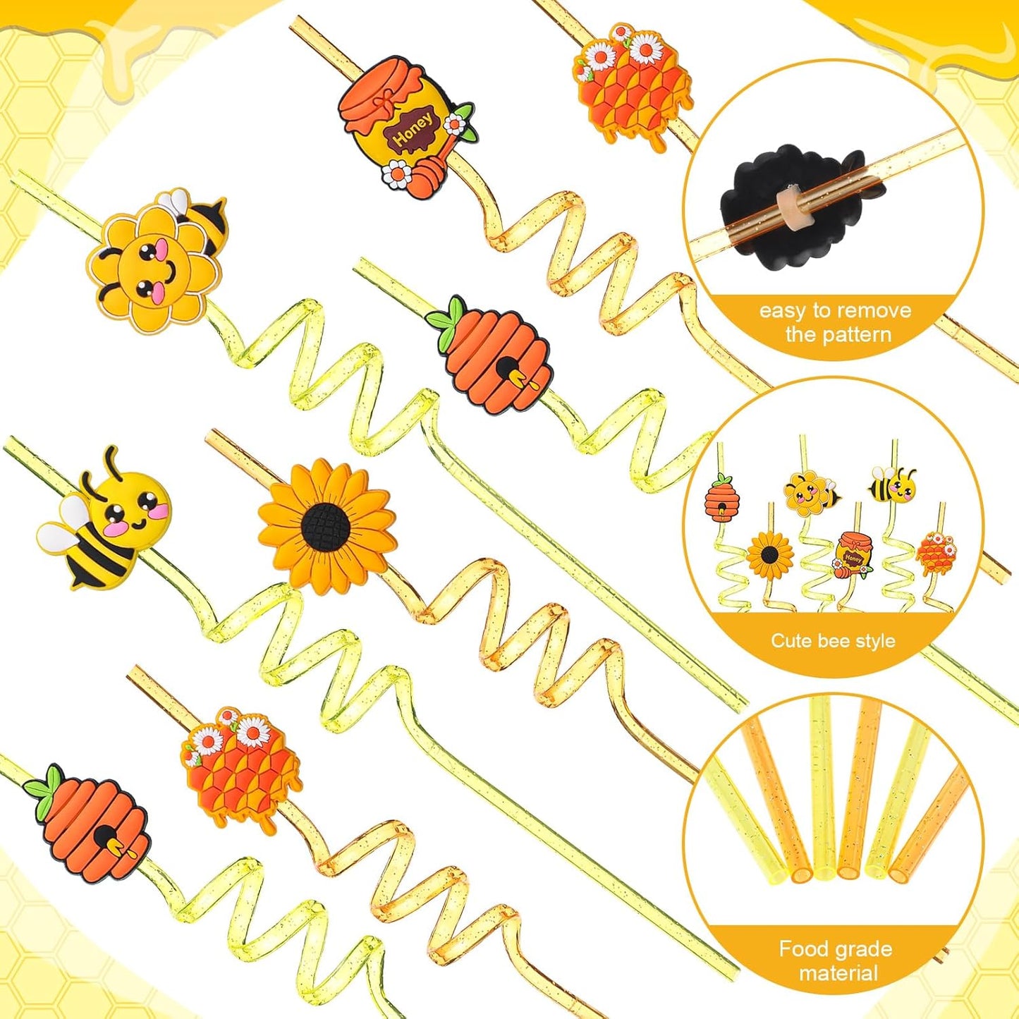 Yungyan 36 Sets Honey Bee Party Favors Goodie Cups with Lids and Straws for Birthday Decorations Reusable 16oz Plastic Candy Cups Plastic Straws for Birthday Party(Bee)