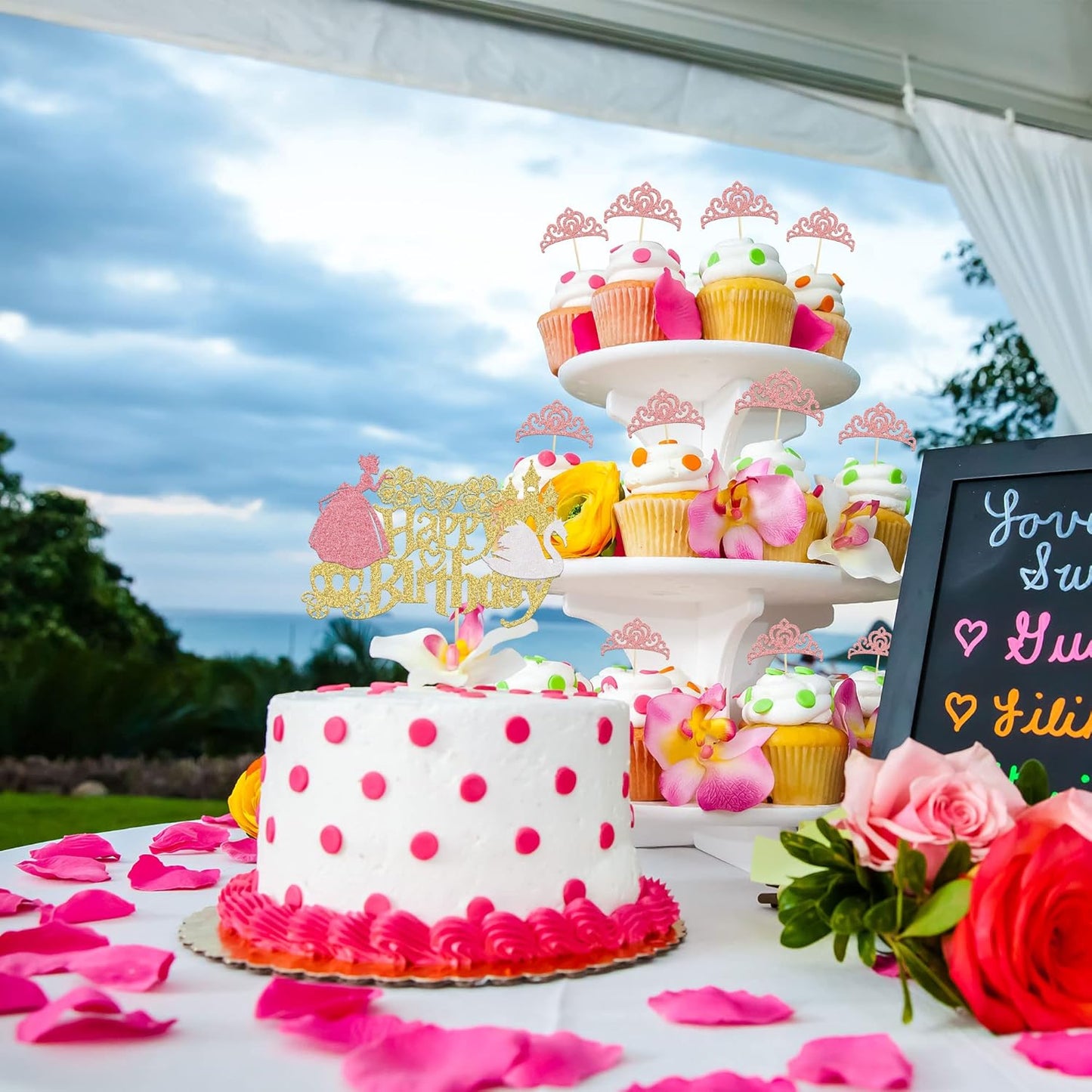 Gyufise 24Pcs Rose Gold Princess Crown Cupcake Toppers Glitter Princess Cake Pick Decorations for Wedding Girl Birthday Baby Shower Party Decorations