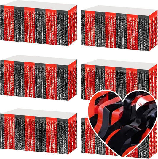 6 Pack 29x108 Inch Black Red Wave Foil Fringe Table Skirts Metallic Banner for Tinsel Streamer Garland Backdrop for Parade Floats Wedding, Mother's Day, Birthday Mardi Gras Party Decorations