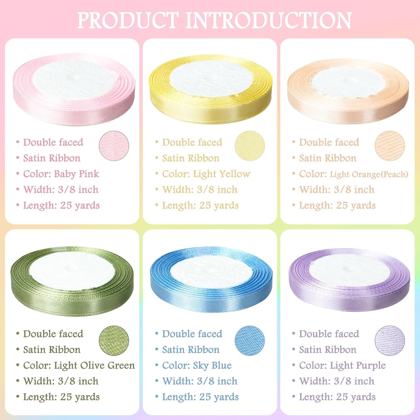 3/8" 6 Colors X 25 Yards Light Rainbow Satin Ribbon,150 Yards Assorted Colors Satin Ribbons for Flower Bouquet,Ribbons for Gift Wrapping Happy Birthday Party Decorations