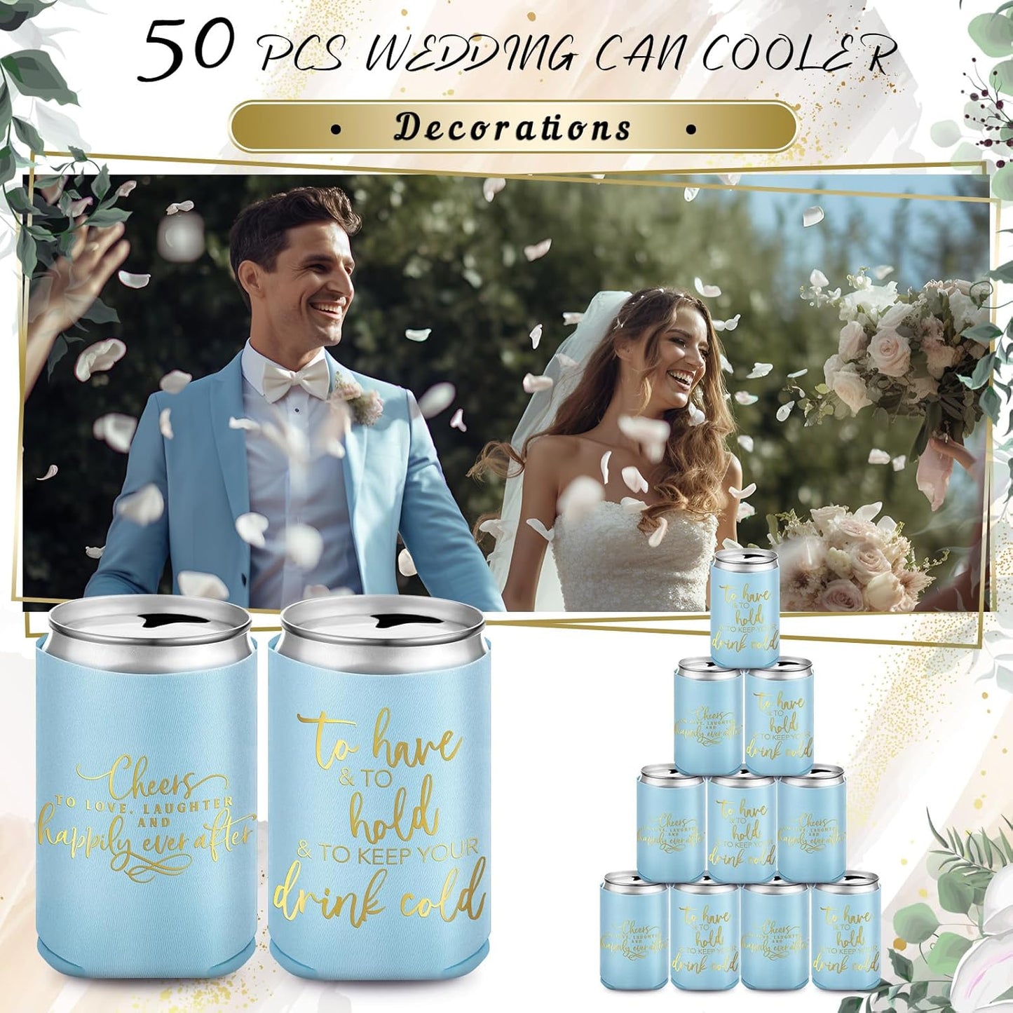 50 Pieces Light Blue Wedding Can Cooler Sleeves Bulk Engagement Party Favors for Guests Cheers to Love Laughter and Happily Ever After Rehearsal Dinner Decorations for Wedding Bridal