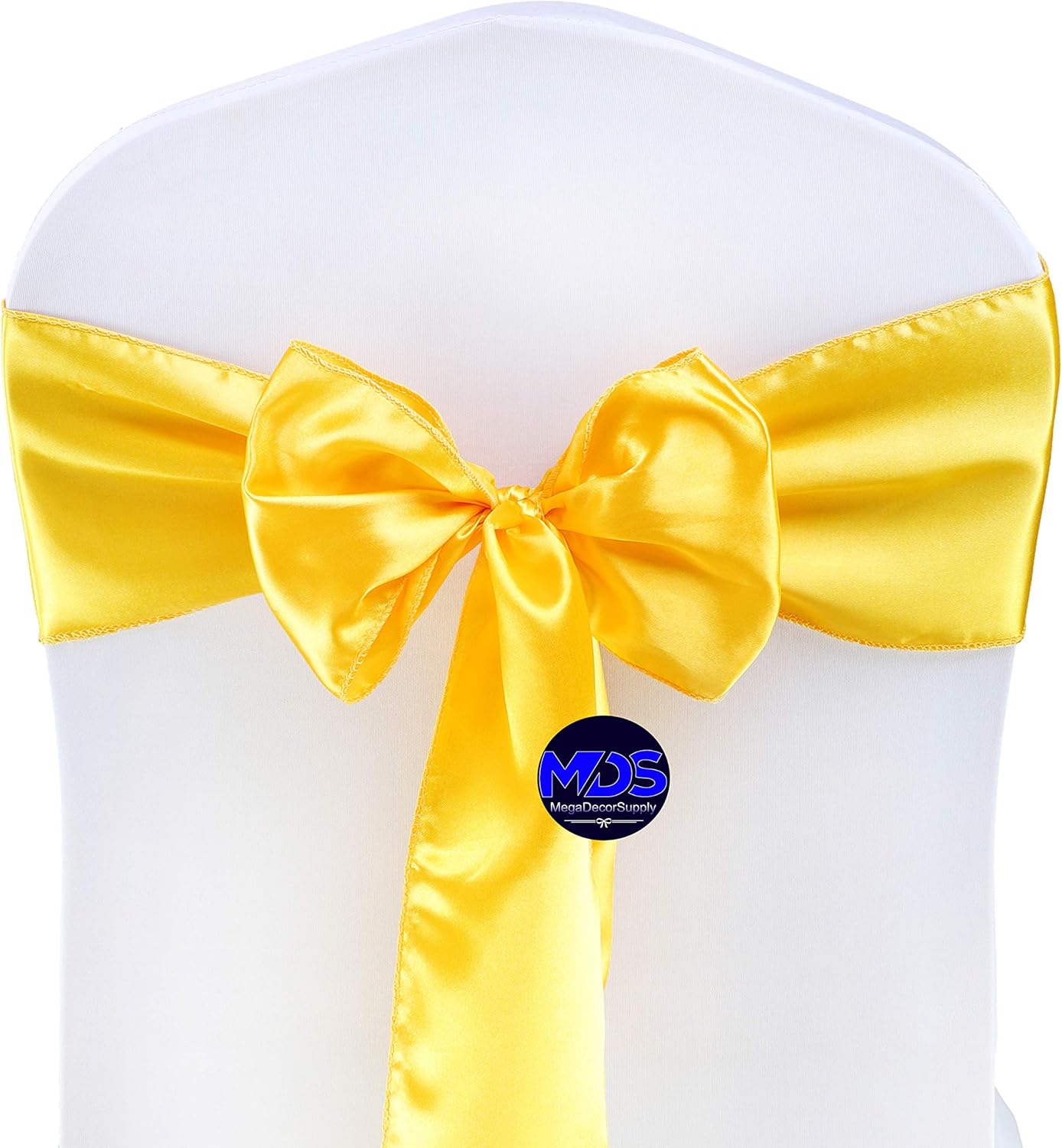 MDS Pack of 125 PCS Satin Chair Sashes Charmeuse Sateen Dining Chair Bows Ribbon Ties Back Sash for Wedding Party Birthday Home Hotel Restaurant Banquet Decoration (7 x 108 Inch, Yellow Gold)