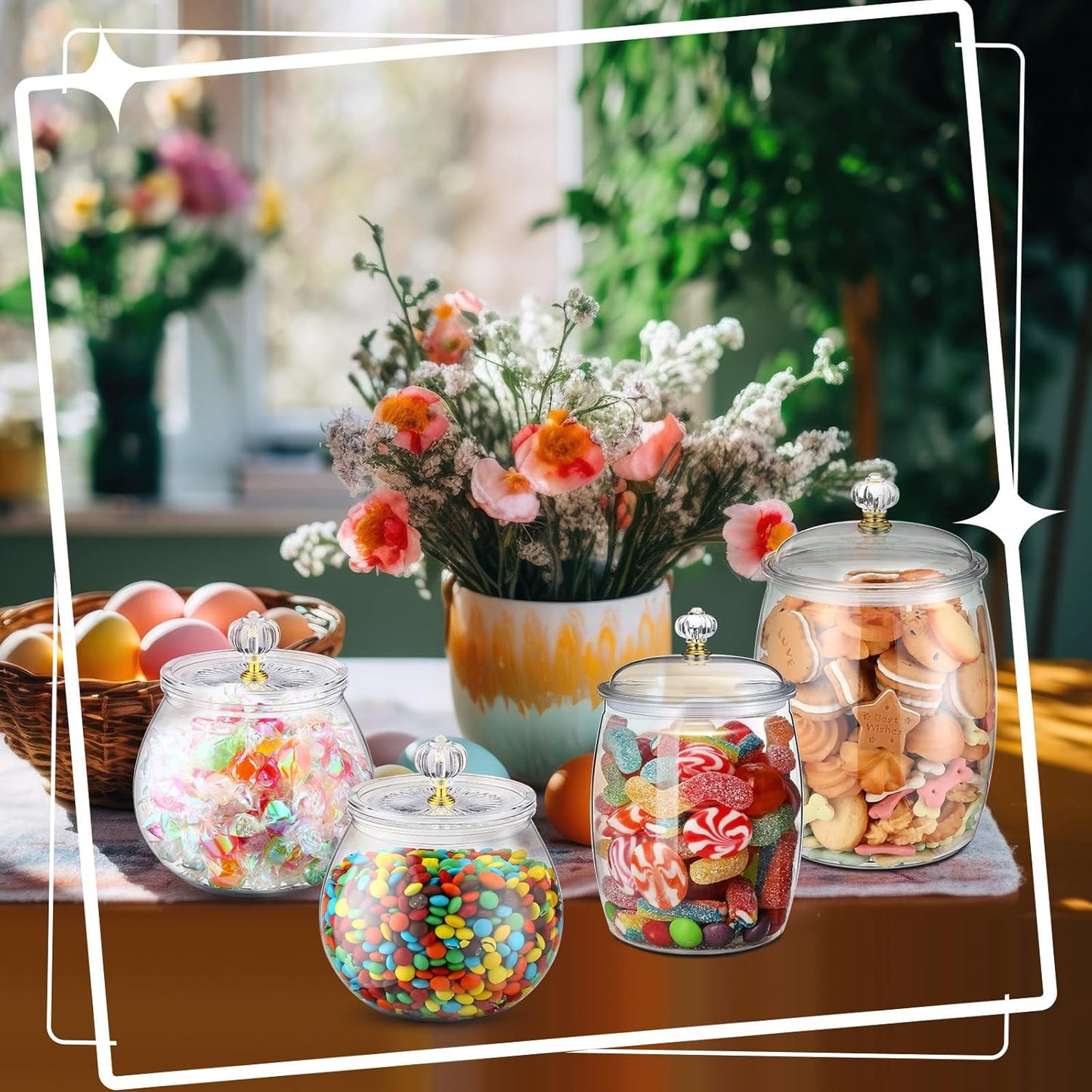 Nuogo 4 Pcs Plastic Candy and Cookie Jars with Lids Clear Cookie Container Candy Jars Large Airtight Apothecary Storage Organization for Wedding Home Kitchen Bar(30/42/64 oz)