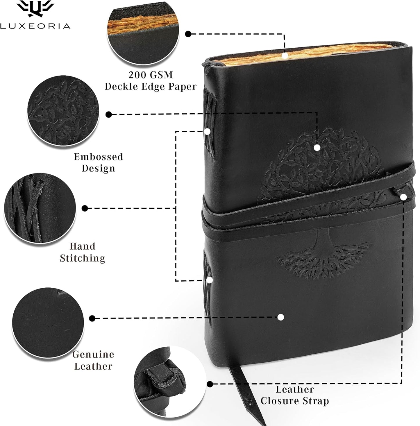 LUXEORIA Tree Of Life Leather Journal for Women and Men, Handcrafted Leather Journal for Writing Womens, Sketchbook, Travel Diary with Unlined Deckle Paper, Black 7x10