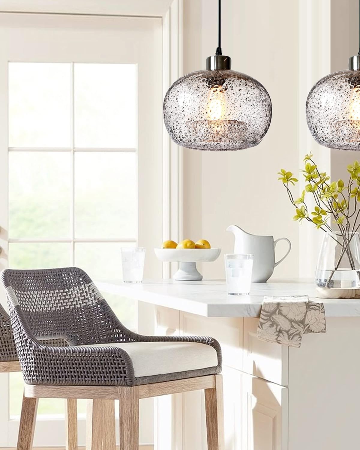 CASAMOTION Pendant Lighting Handblown Glass Drop Ceiling Lights, Modern Rustic Hanging Light Clear Seeded Glass with Black Sand Powder, Brushed Nickel Finish 8.7 Inch Diameter