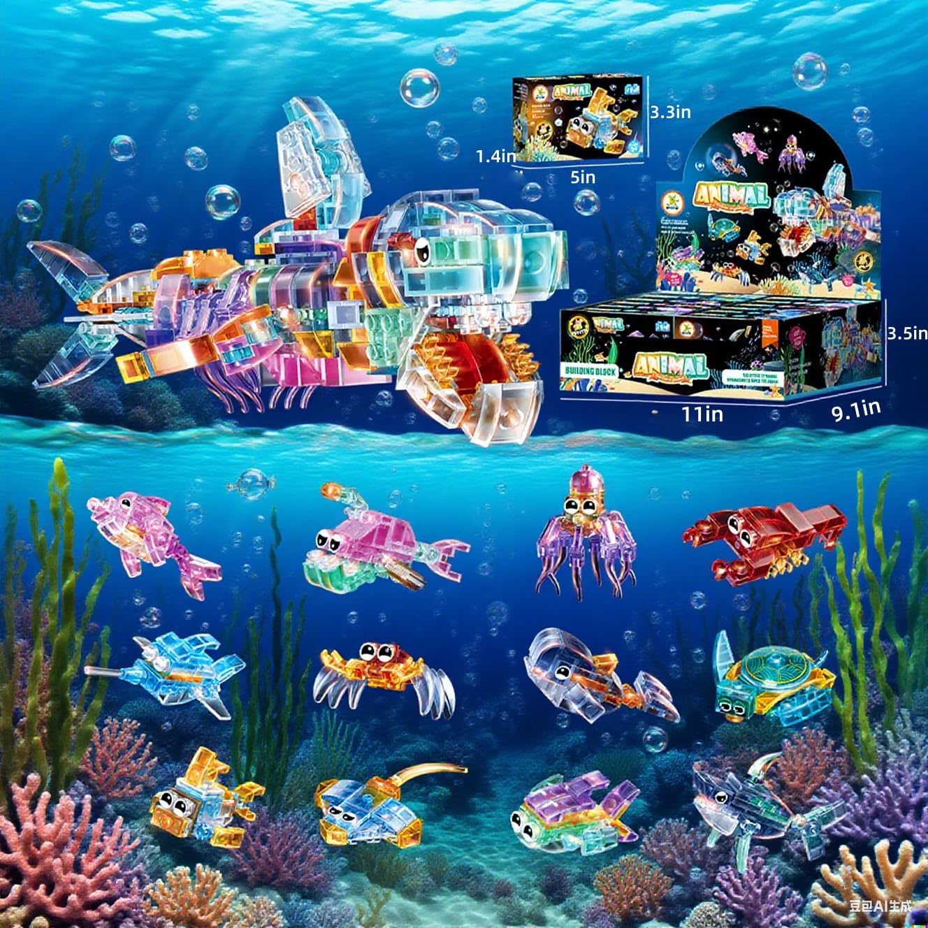 12 Pack Crystal Ocean Animal Party Favors for Kids 12 in 1 Mini Marine Animals Building Blocks Toys,Bulk Classroom Prizes Goodie Bag Fillers Christmas Easter Birthday Gift for Boys Girls Ages 6+