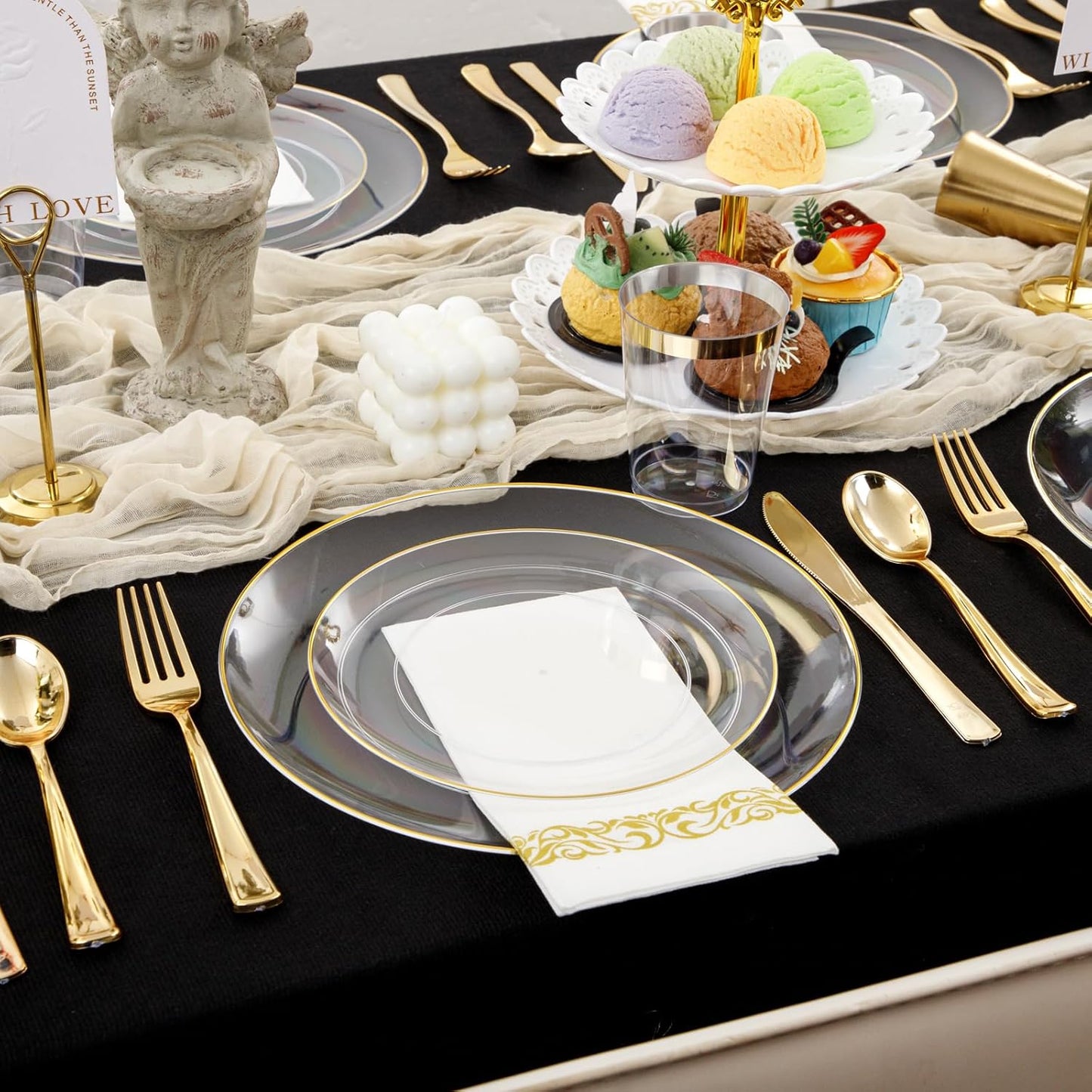 Supernal 350PCS Clear and Gold Plastic Dinnerware Set Include Clear Disposable Plates, Gold Plastic Silverware Heavy Duty, Cups and Napkins for Birthday, Weddings, Parties