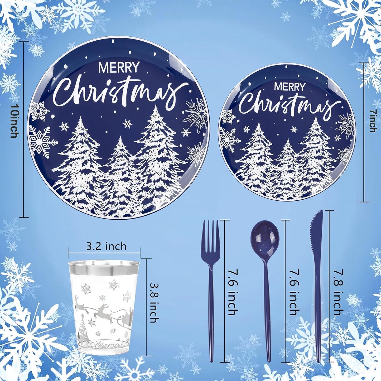 Supernal 150pcs Christmas Dinnerware Set - Blue and White Plates With Trees Design, Blue Silverware, Santa and Moose Silver Cups for New Year