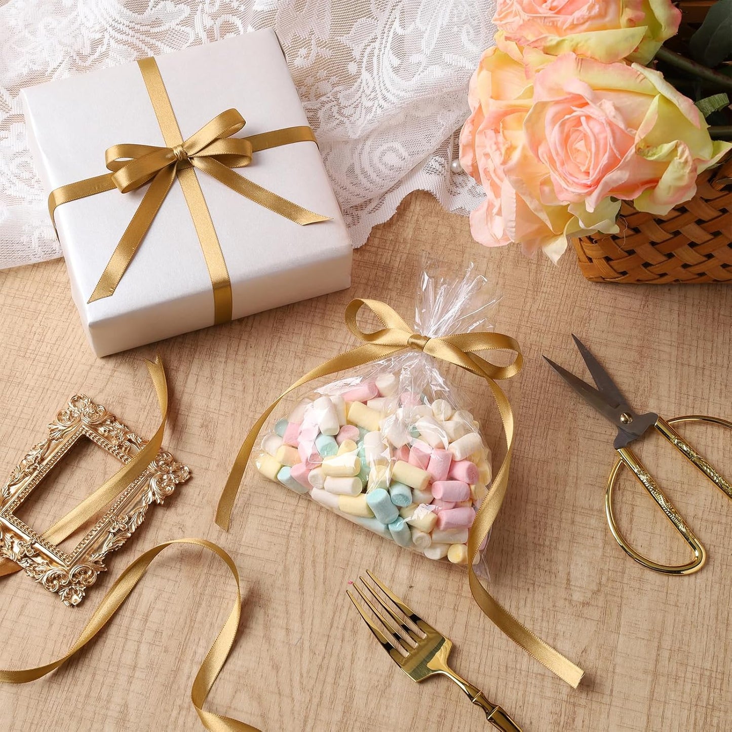 LaRibbons Pale Gold Satin Ribbon 3/8 Inch 25 Yards Luxury Double Faced Gold Silk Ribbon for Flower Bouquet Crafts Gift Wrapping Wedding Party Decoration