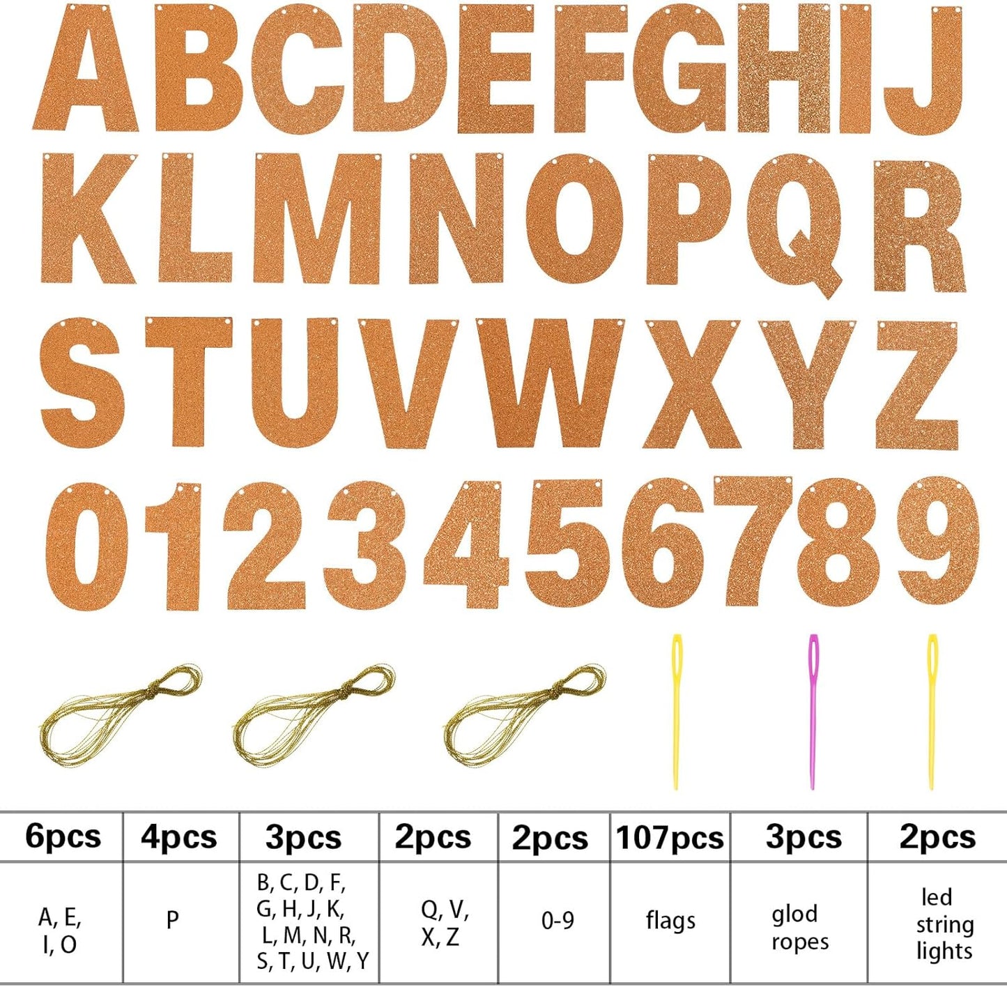 TaoBary 112 Pcs DIY Letter Kit Glitter Customizable Banner Letters Include 107 Letters and Numbers 3 Rope and 2 Needles for Birthday Halloween Christmas Wedding Valentine Party Decor(Glitter Orange)