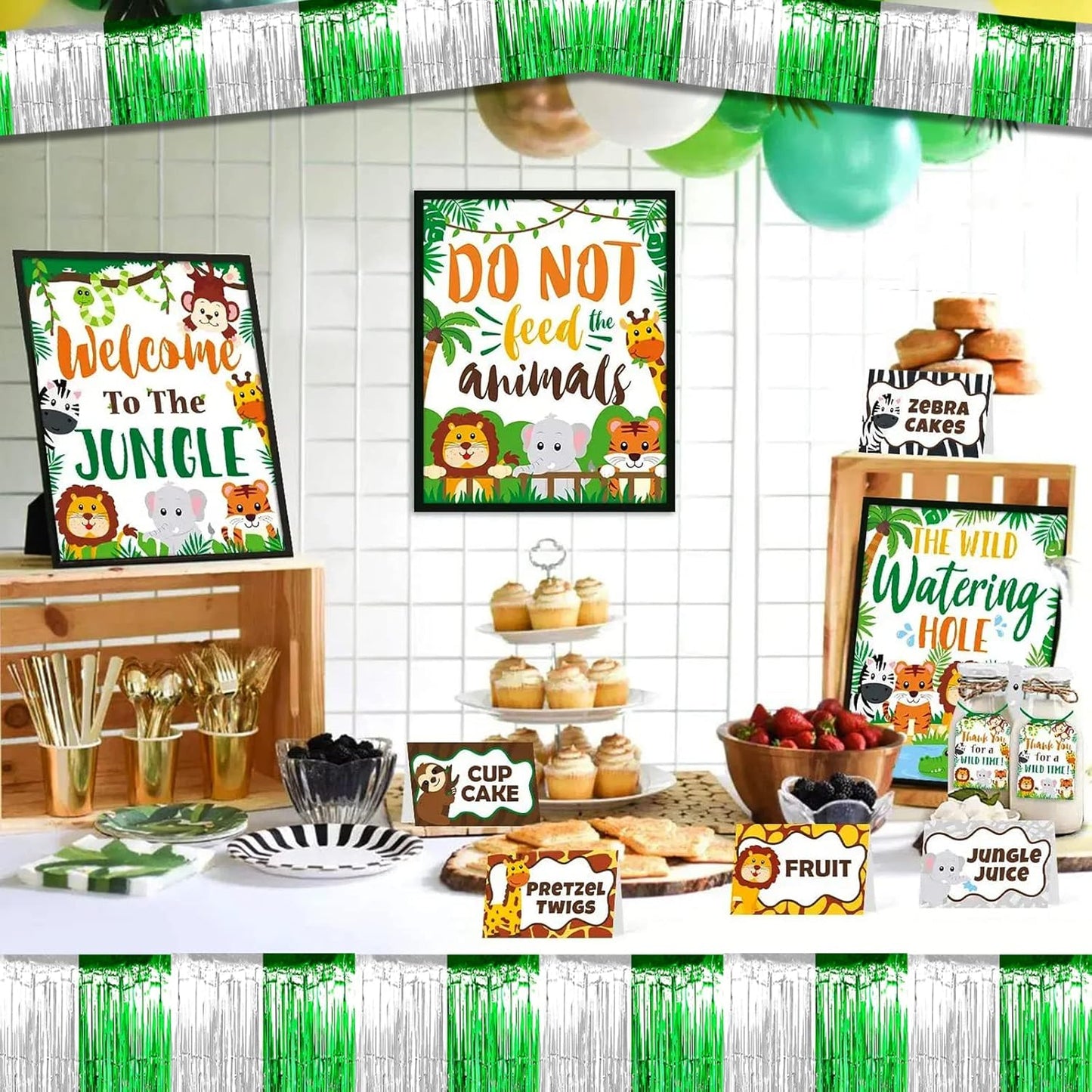 6 Pack 10 Feet Silver Green Foil Fringe Garland Metallic Tinsel Streamers Banner Wall Hanging Backdrop Banner for Parade Floats, Thanksgiving, Christmas, Birthday, Halloween Party Decorations