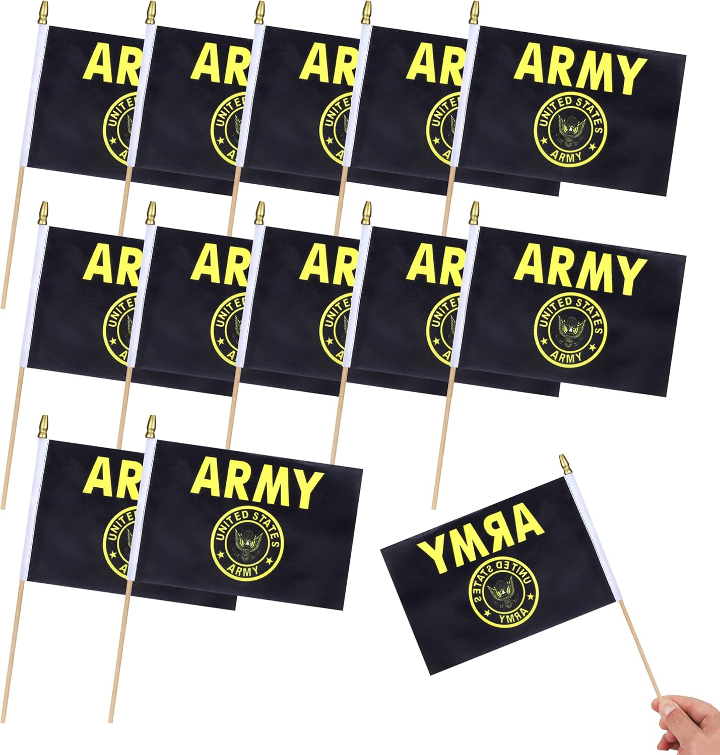 12Pcs Small USA Gold Crest Flags on Wooden Stick Mini Military Flag Hand Held Flag Decorations,5x8 Inch