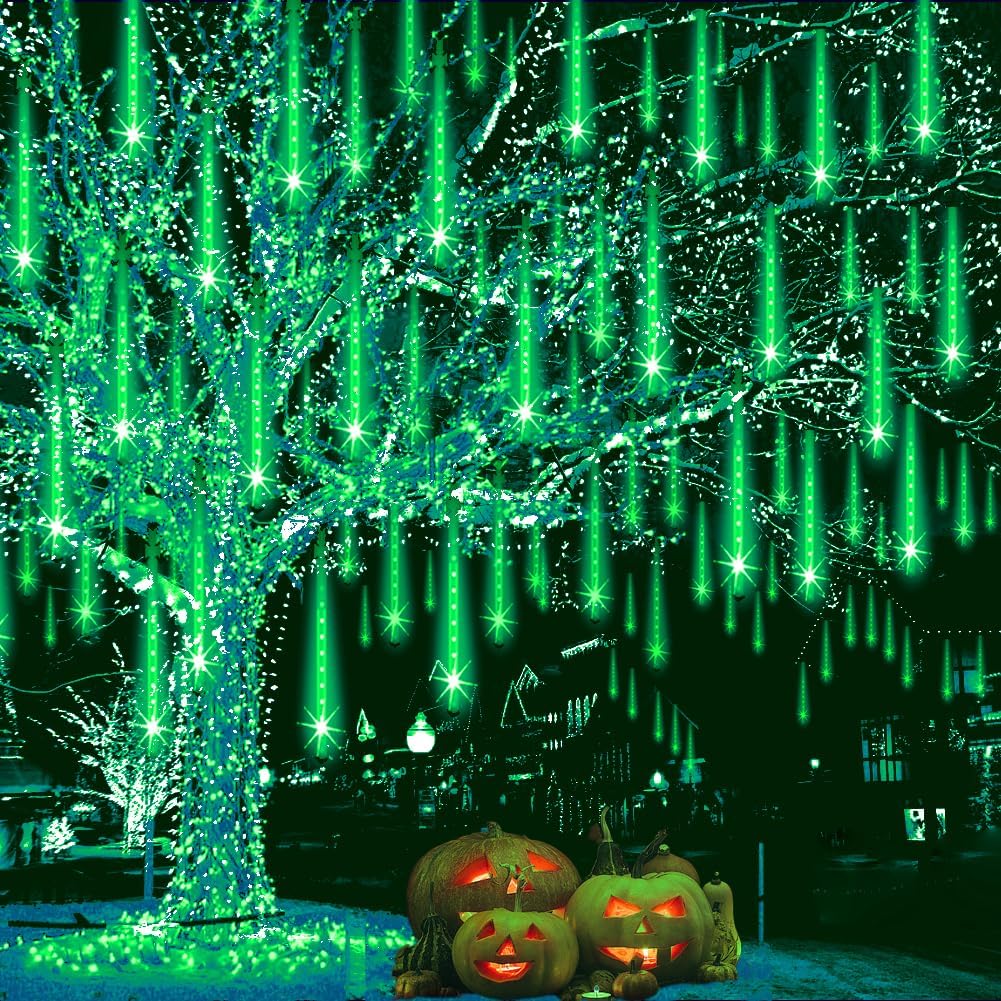 Halloween Lights Outdoor, Meteor Shower Christmas Lights for Halloween Decorations, 8 Tube 192 LED Snow Falling Rain Icicle String Light for Xmas Christmas Decor Tree Party, UL Plug Green
