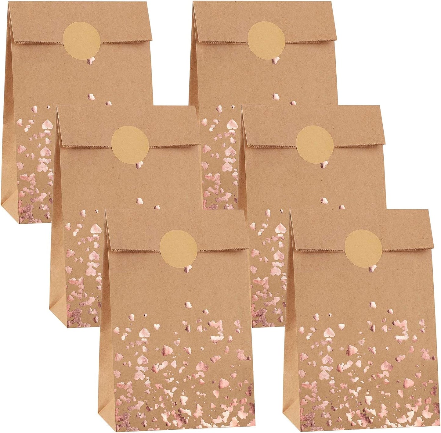 Cooraby 30 Pieces Kraft Paper Bronzing Rose Gold Bags with 48 Stickers Candy Gift Paper Bags for Wedding, Birthday, Tea Party, Gift, and Party Celebrations