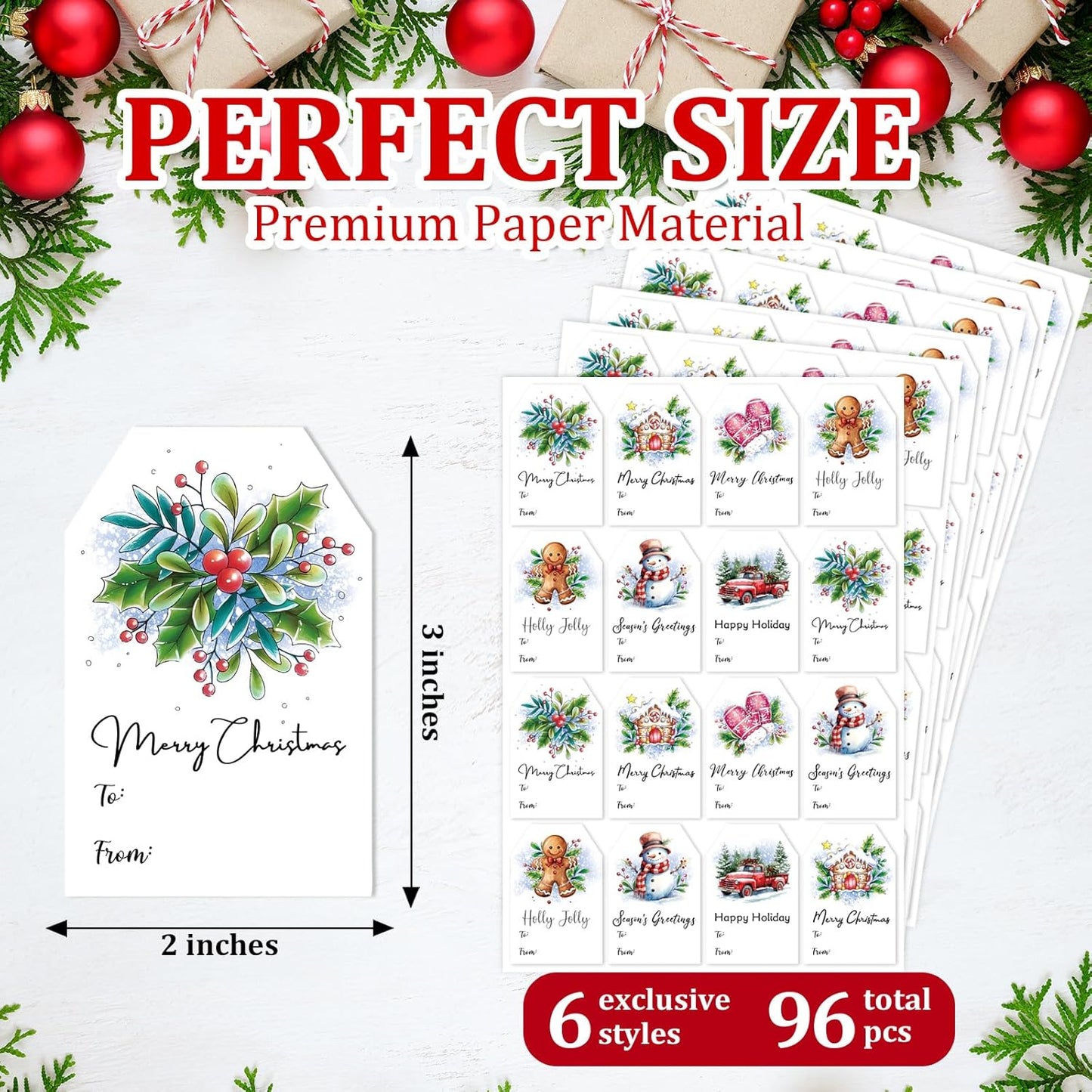 Christmas Gift Tags Stickers, 96Pcs Christmas Gift Labels Stickers, Self-Adhesive Christmas Name Tags for Xmas Gifts Wrap Presents Boxes Decoration, 2 x 3 Inch (Watercolor Blue)