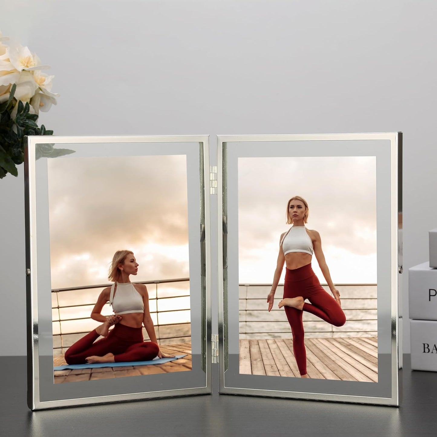 Silver 5x7''Double Floating Frame For Photo Sizes 3.5x 5'',4x6'',Metal Photo Frames 5x7''For Counter Shelf Display,Gift Choice for Wedding,Christmas,Birthady,Home or Office Decor.