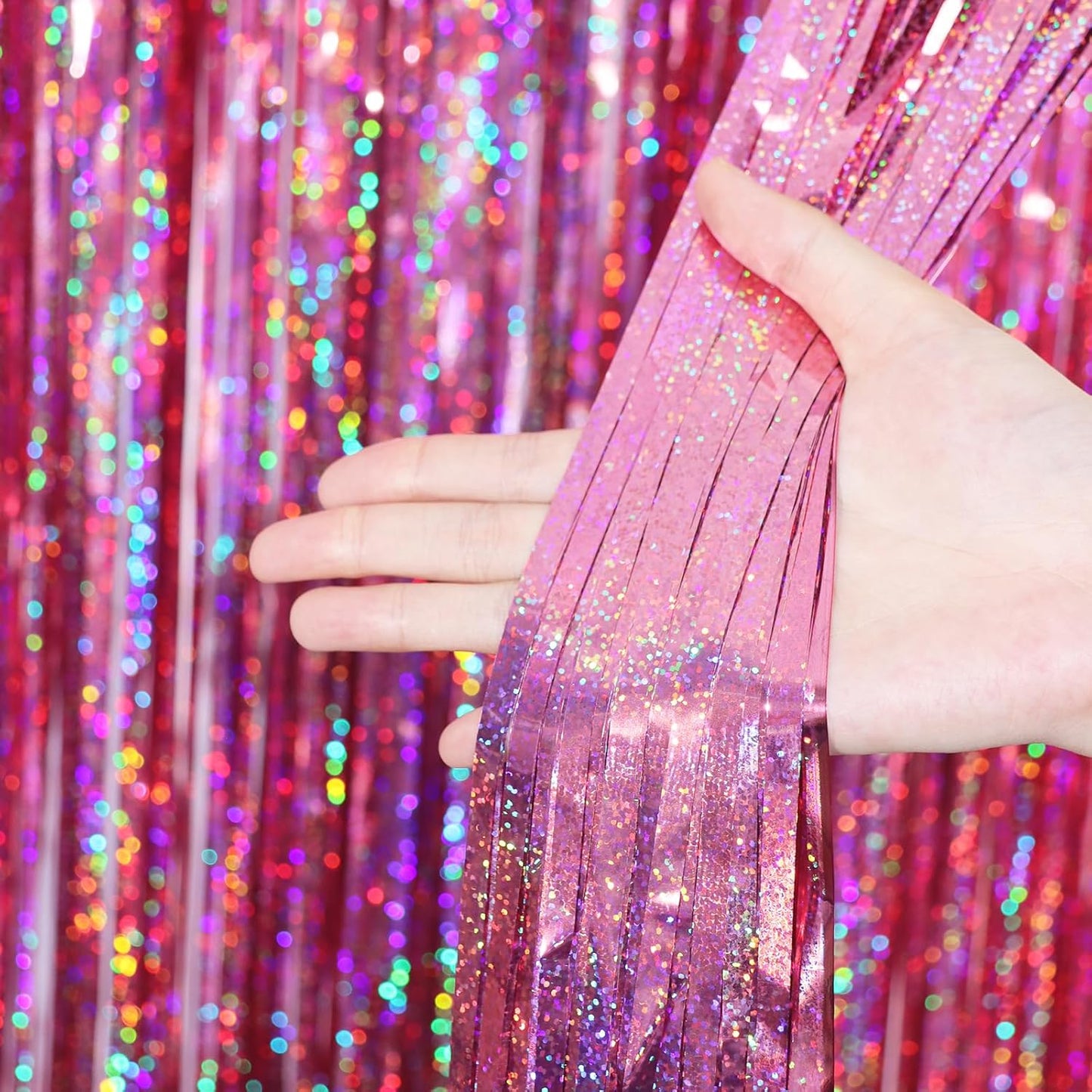 3 Pack 3.3 x 6.6 ft Pink Foil Fringe Backdrop Curtains, Tinsel Streamers Party Decorations, Fringe Backdrop for Birthday, Baby Shower, Gender Reveal, Graduation