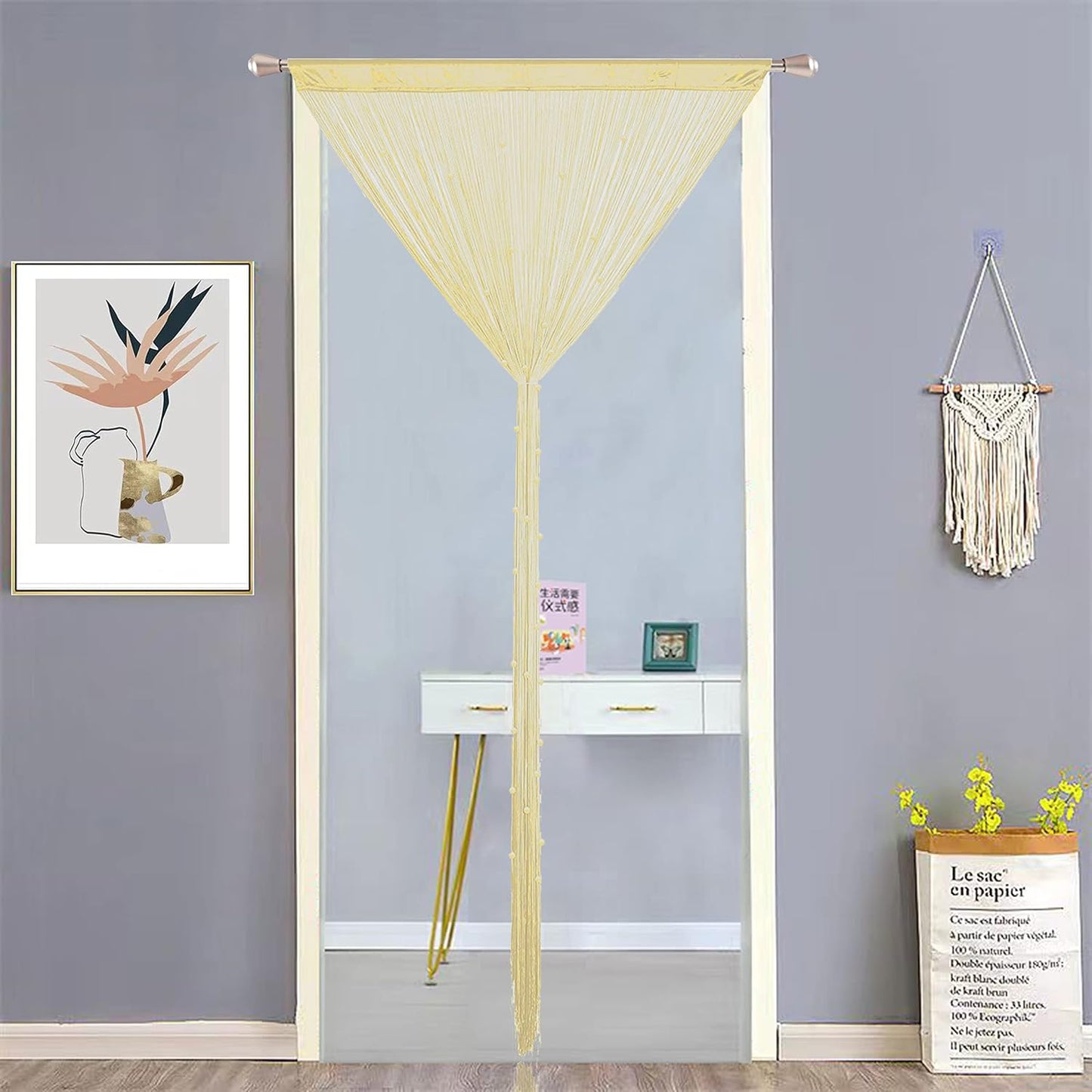 Beaded Curtain Beads Door String Curtains Ideal for Living Room Decor Wall Hanging Fringe Doorway Divider Bedroom Backdrop Hippie Window Closet Privacy Rod Pocket Dense (100x200cm,Champagne)