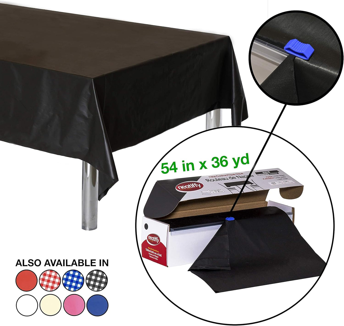 Neatiffy Disposable Plastic Table Cloth Roll | 54 in x 108 Ft Waterproof Tablecloth | Table Cover for Rectangle, Square, Round Oval Tables | Picnic, Party, Banquet, Birthdays, Weddings - Black