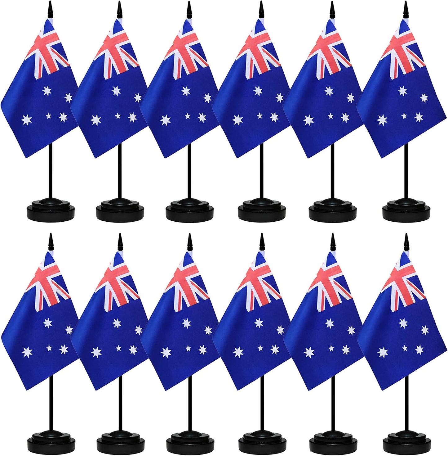 12 Pack Australia Desk Flags Set, Australian Small Mini Table Office Flags with 12" Solid Black Pole, 8.2 x 5.5 Inches, Home and Office Decoration, Festival Celebrations