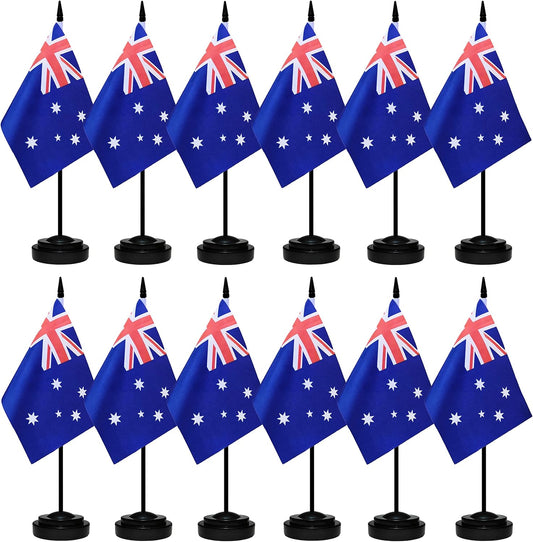 12 Pack Australia Desk Flags Set, Australian Small Mini Table Office Flags with 12" Solid Black Pole, 8.2 x 5.5 Inches, Home and Office Decoration, Festival Celebrations