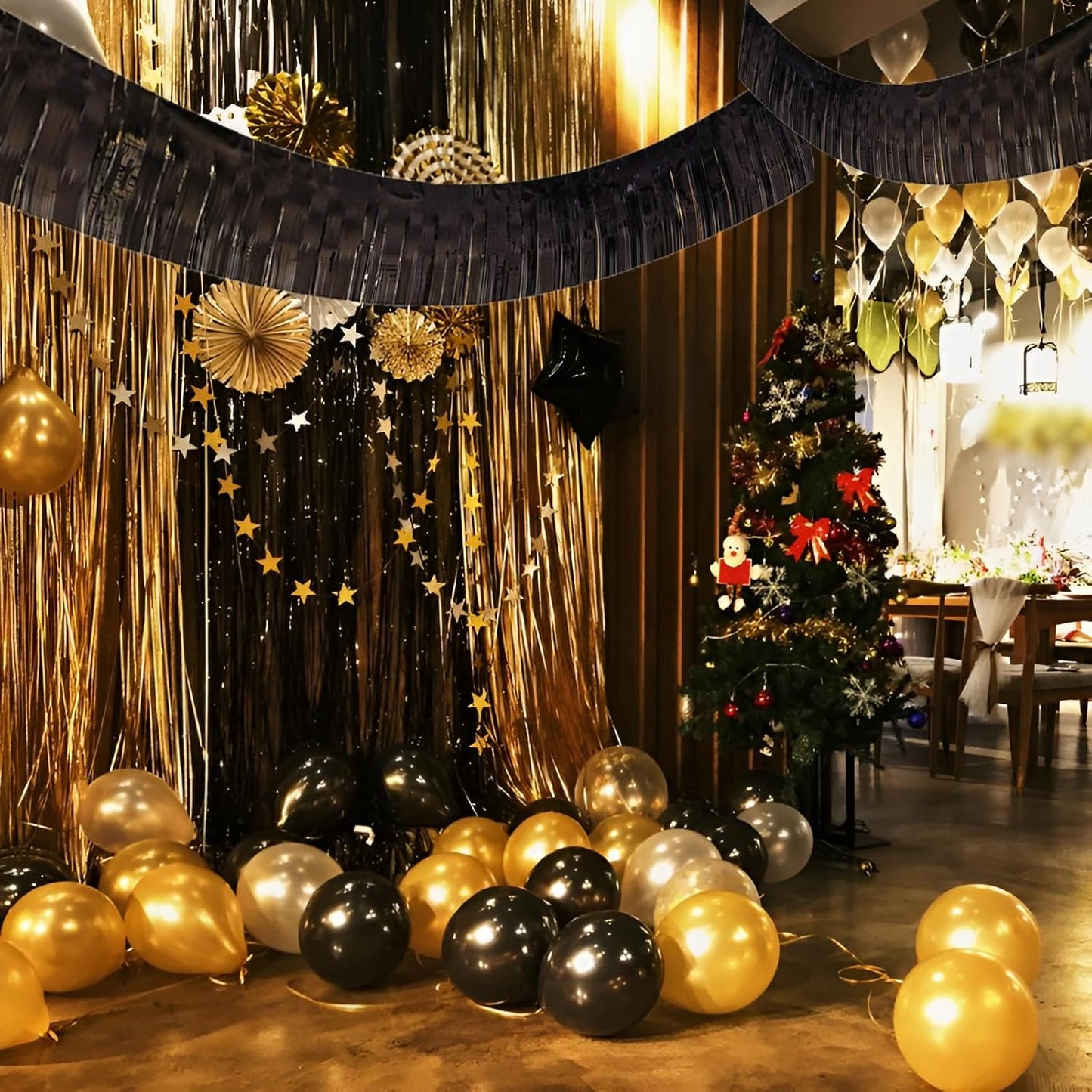 Black Foil Fringe Garland 10FT 2packs, Metallic Foil Tinsel Fringe Banners for Parade Float Decorations Wedding, Birthday Party Graduation (Two Black)