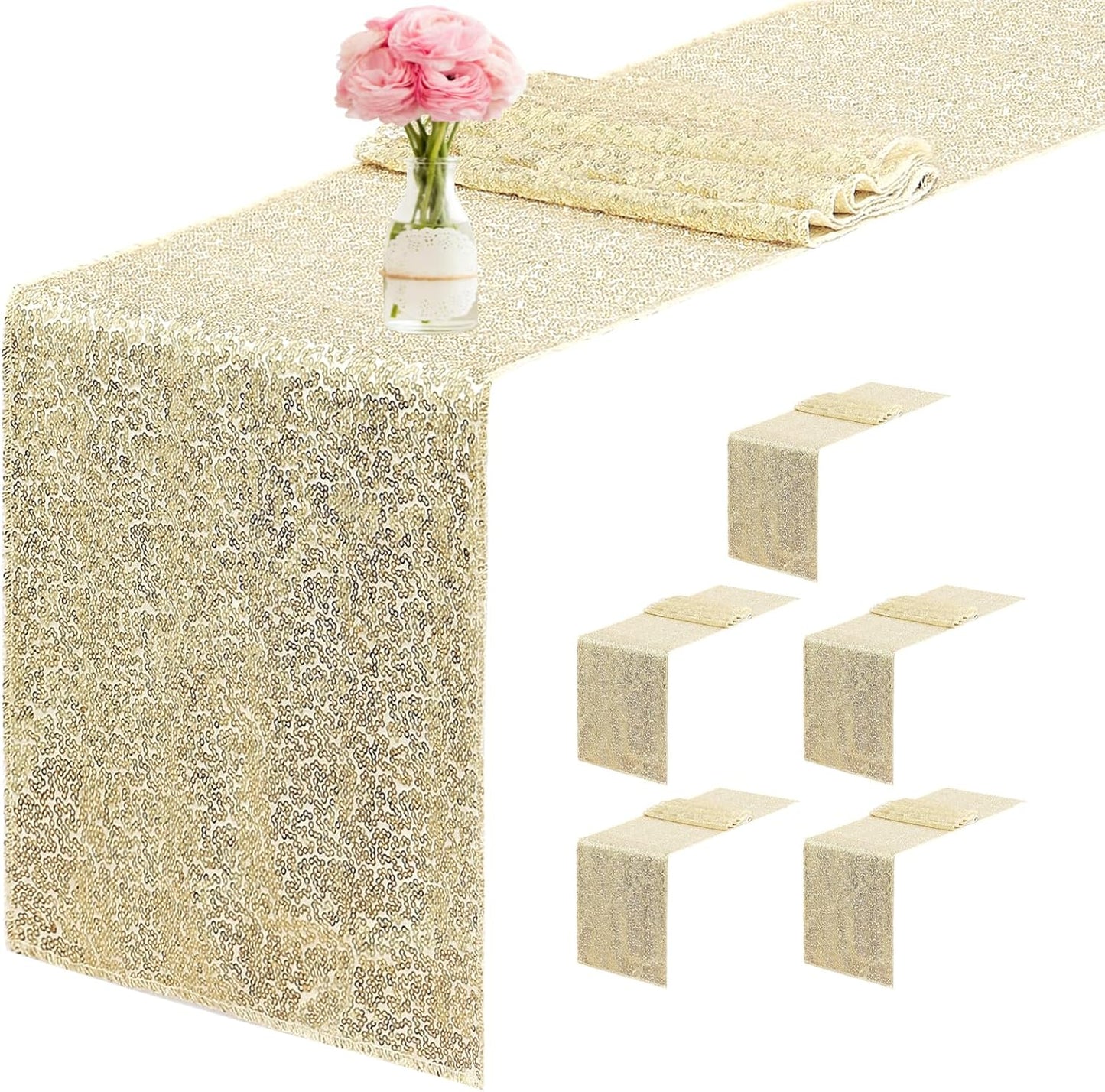 6 Packs 12 x 72 inches Sequin Table Runner, Champagne Glitter Table Runner for Birthday Party Supplies Wedding Engagement Baby Shower Holiday Celebration Event Decorations