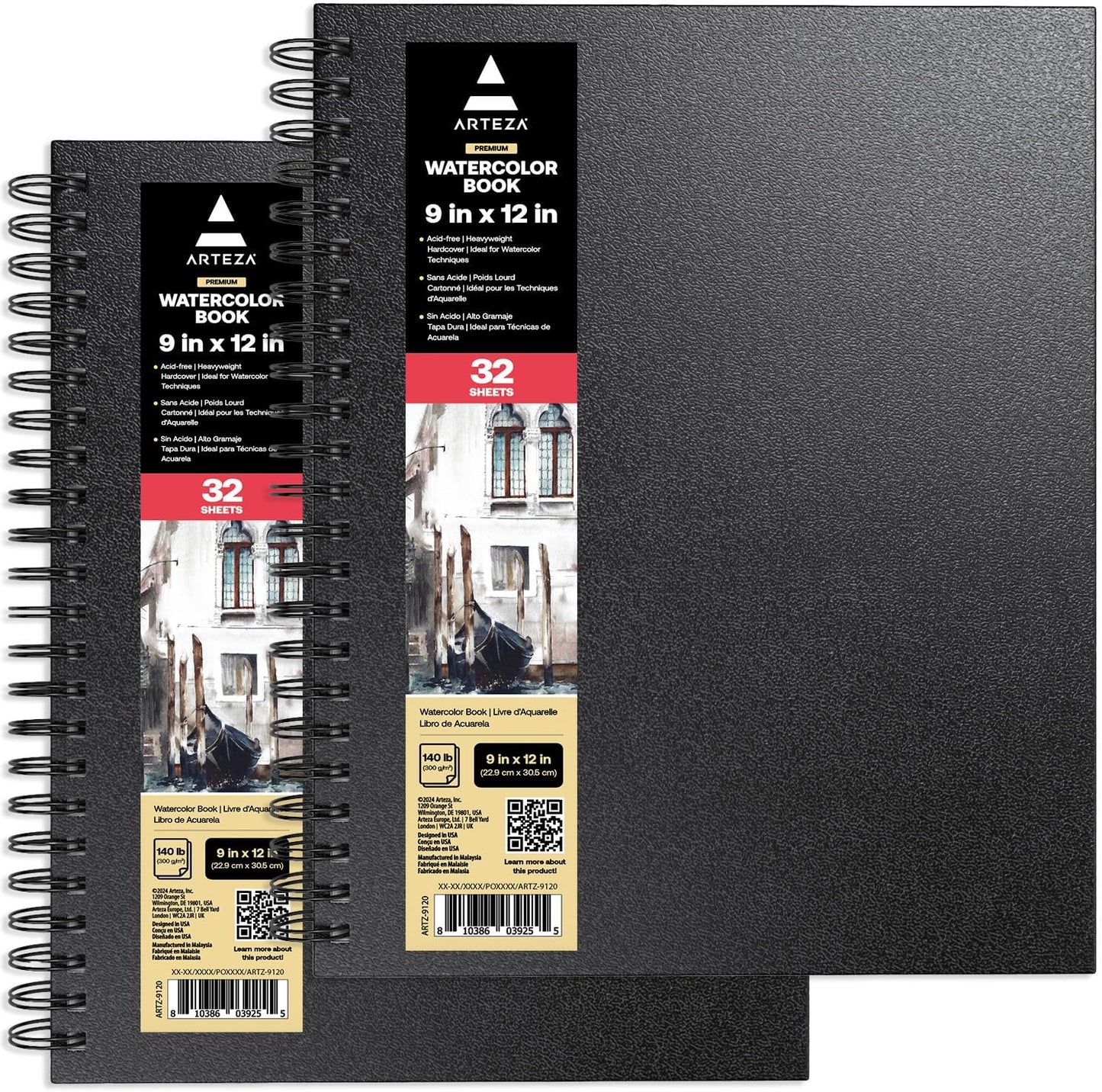 ARTEZA Watercolor Sketchbook 2-Pack, 64 Pages Each, 9x12 Inches – Spiral-Bound, 140 lb Cold Press Paper, Black Hardcover for Watercolor & Mixed Media
